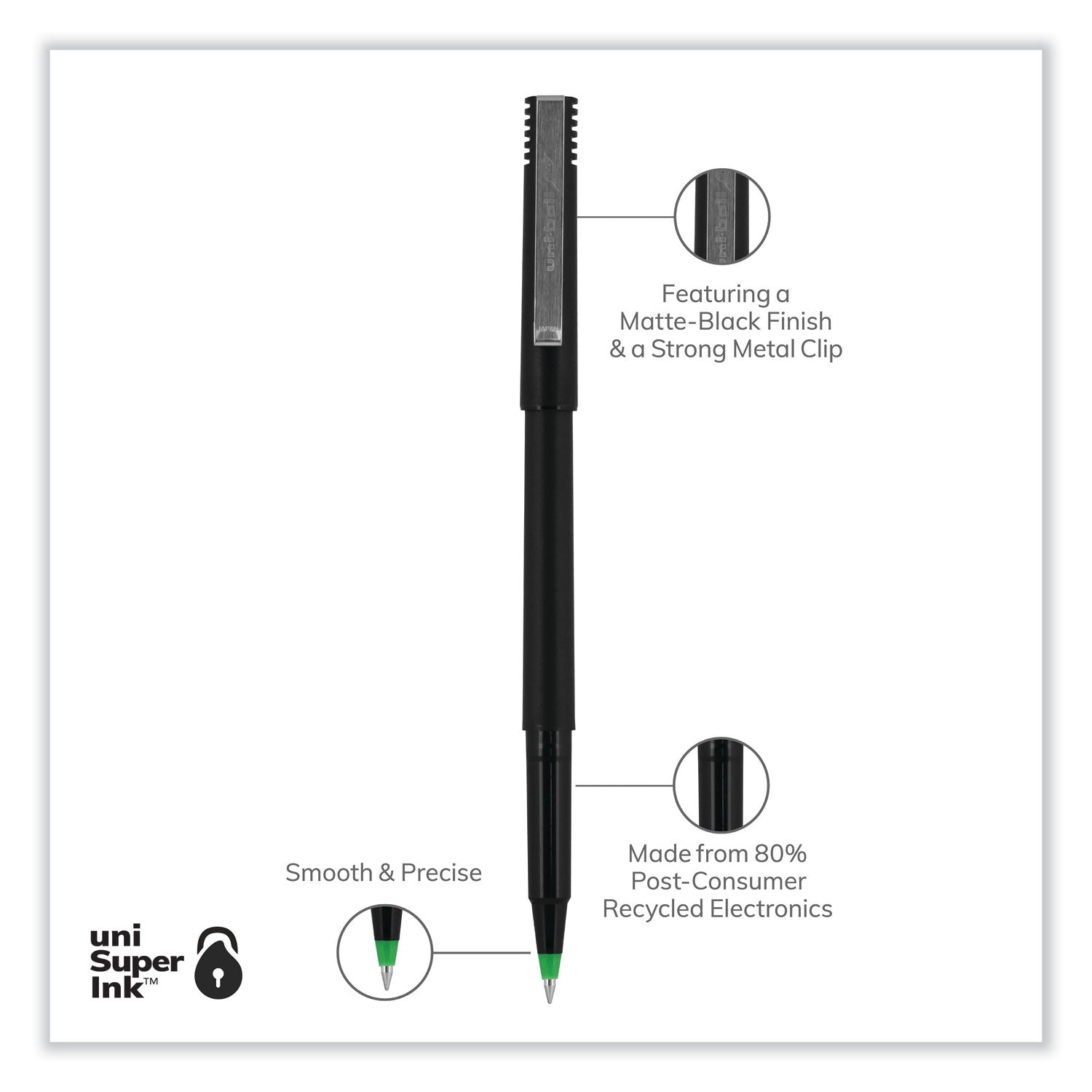 uniball® Rollerball Pen, Stick, Extra-Fine 0.5 mm, Green Ink, Black/Green Barrel, Dozen