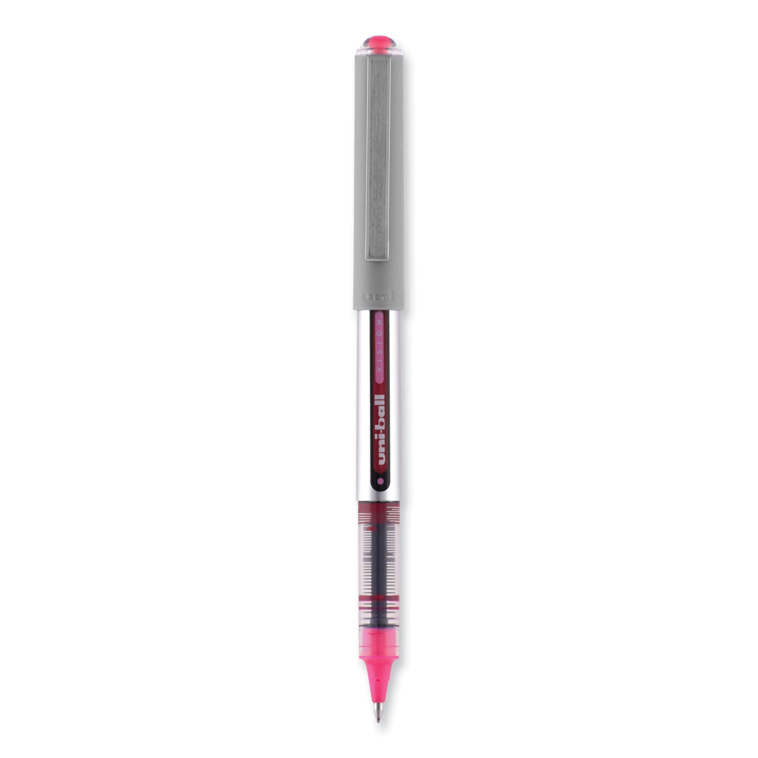 uniball® VISION Rollerball Pen, Stick, Fine 0.7 mm, Pink Ink, Silver/Pink/Clear Barrel, Dozen