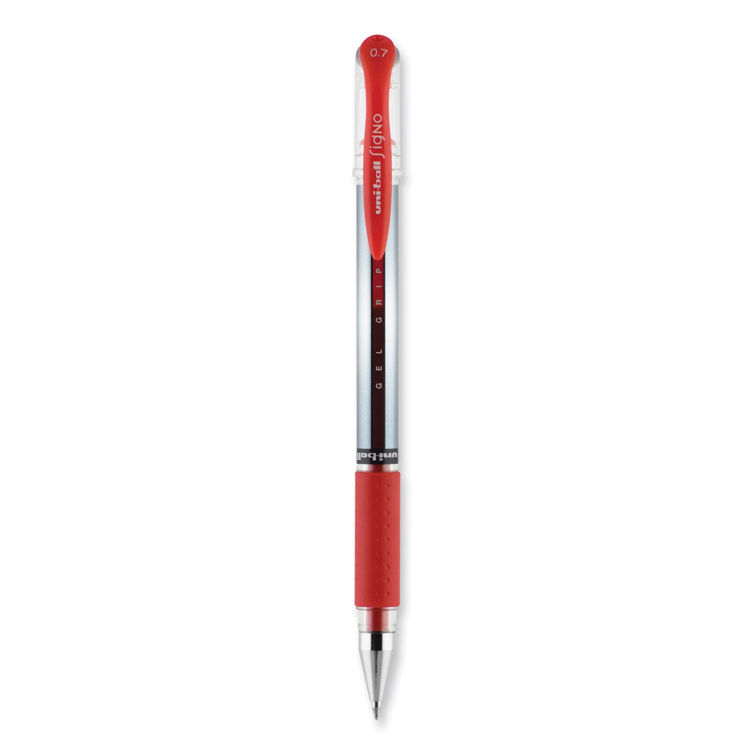 uniball® Signo GRIP Gel Pen, Stick, Medium 0.7 mm, Red Ink, Clear/Red/Silver Barrel, Dozen