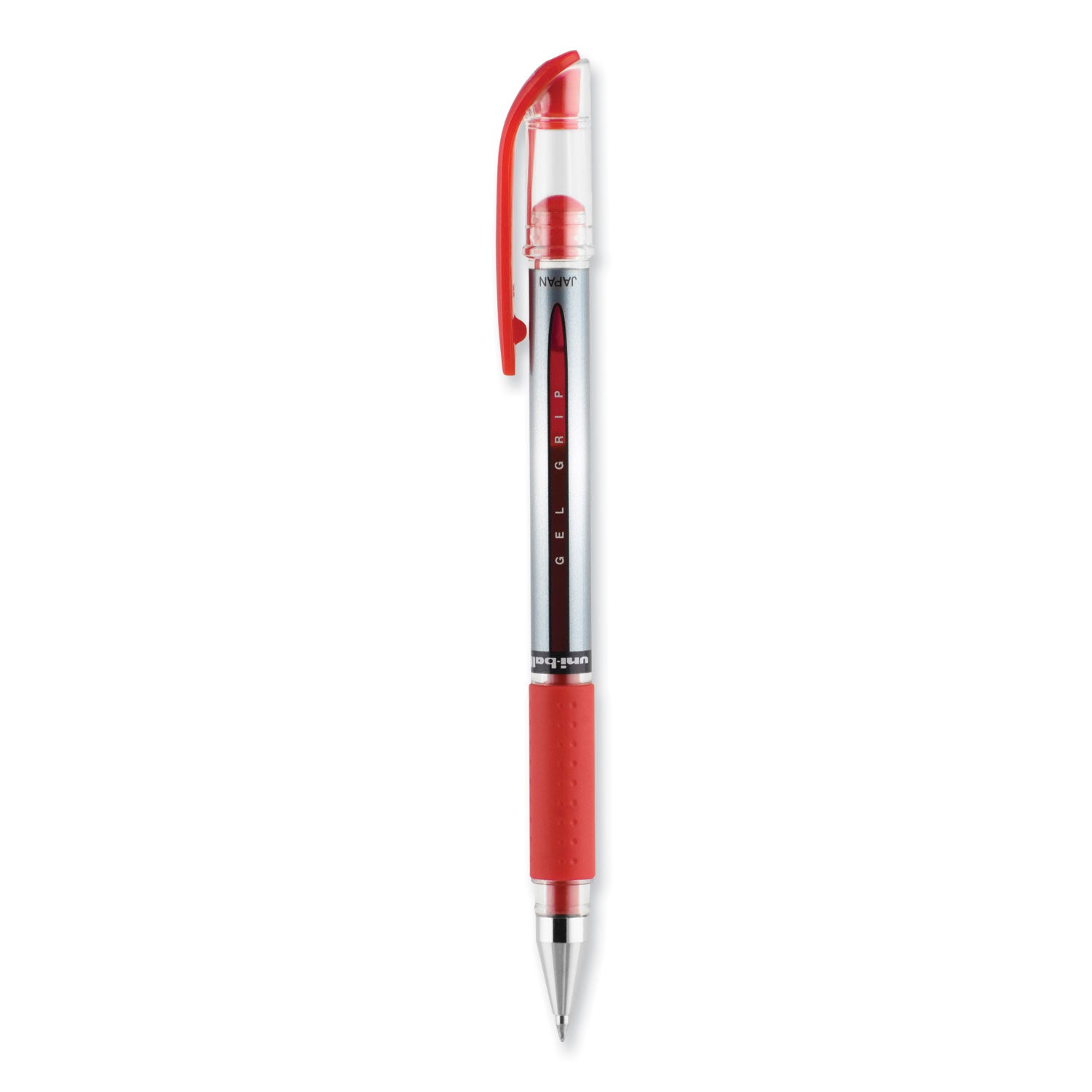 uniball® Signo GRIP Gel Pen, Stick, Medium 0.7 mm, Red Ink, Clear/Red/Silver Barrel, Dozen
