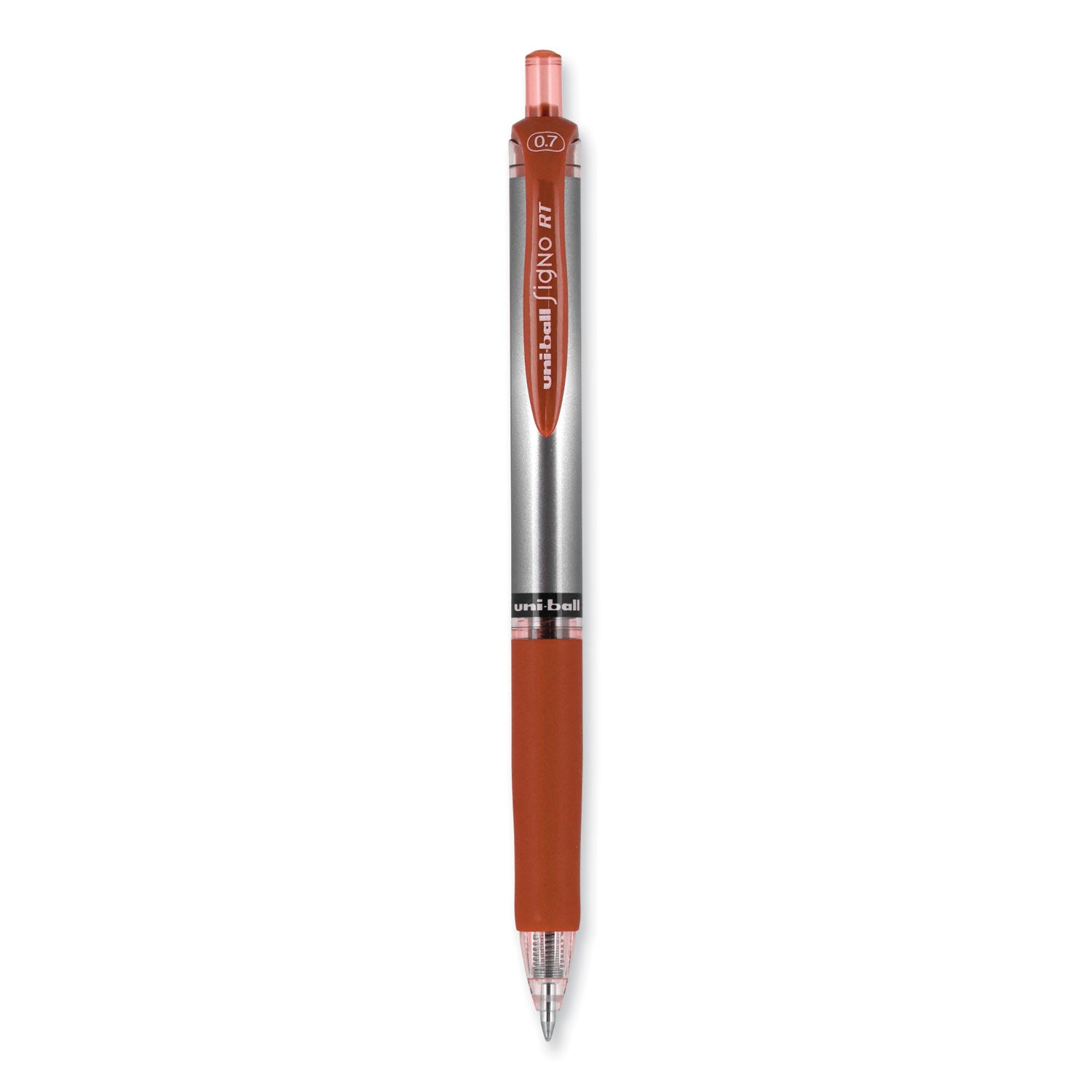 uniball® Signo Gel Pen, Retractable, Medium 0.7 mm, Red Ink, Silver/Red Barrel, Dozen