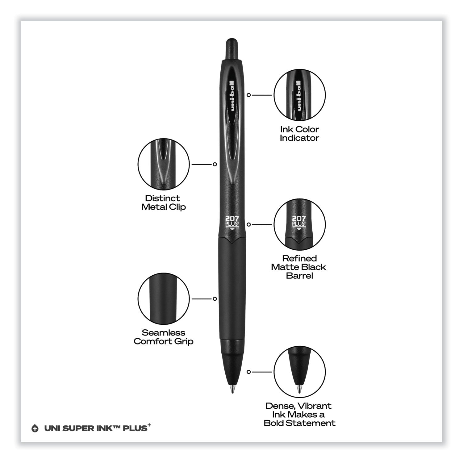 uniball® 207 Plus+ Gel Pen, Retractable, Medium 0.7 mm, Black Ink, Black Barrel, Dozen