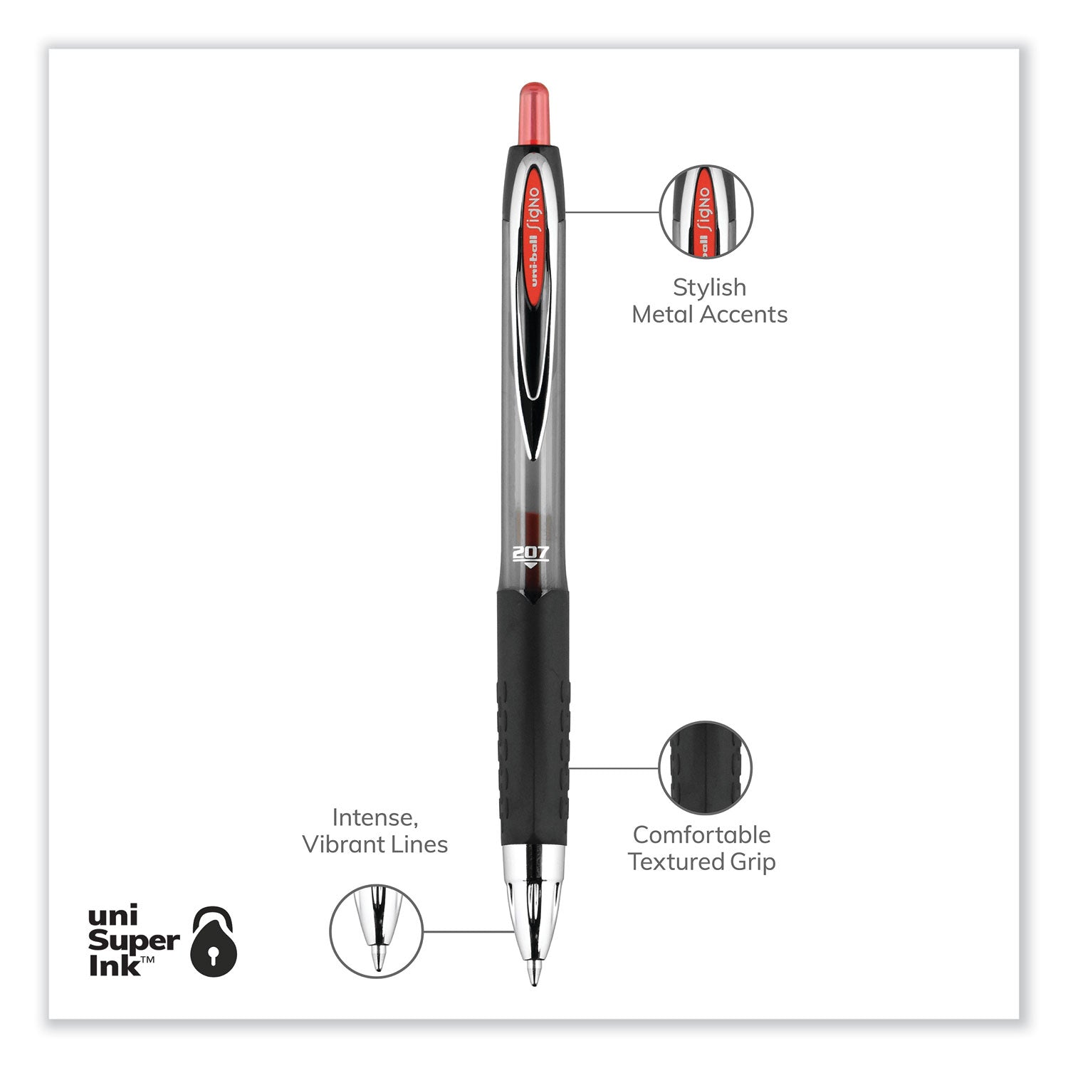 uniball® Signo 207 Gel Pen, Retractable, Medium 0.7 Mm, Red Ink, Smoke/black/red Barrel, Dozen