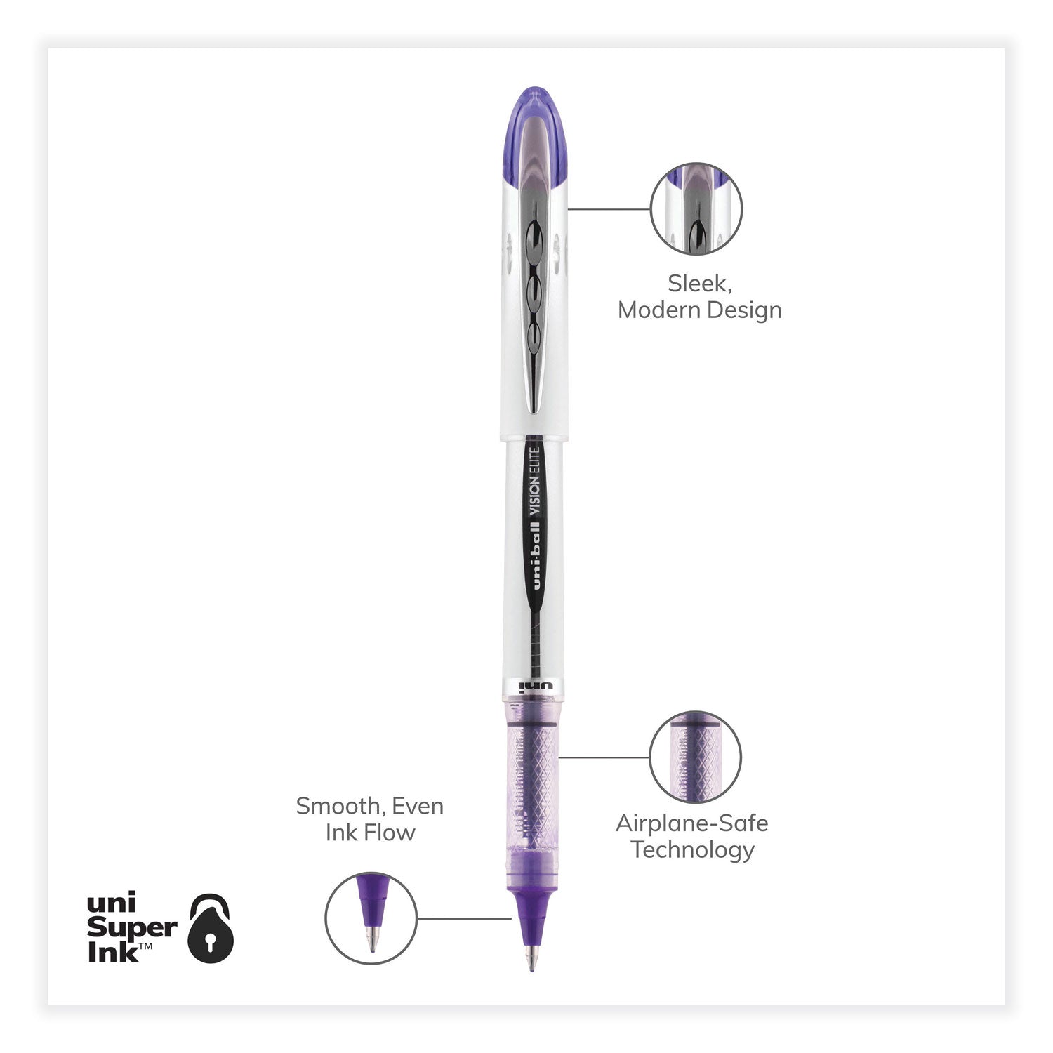 uniball® VISION ELITE Hybrid Gel Pen, Stick, Bold 0.8 mm, Violet Ink, White/Violet/Clear Barrel