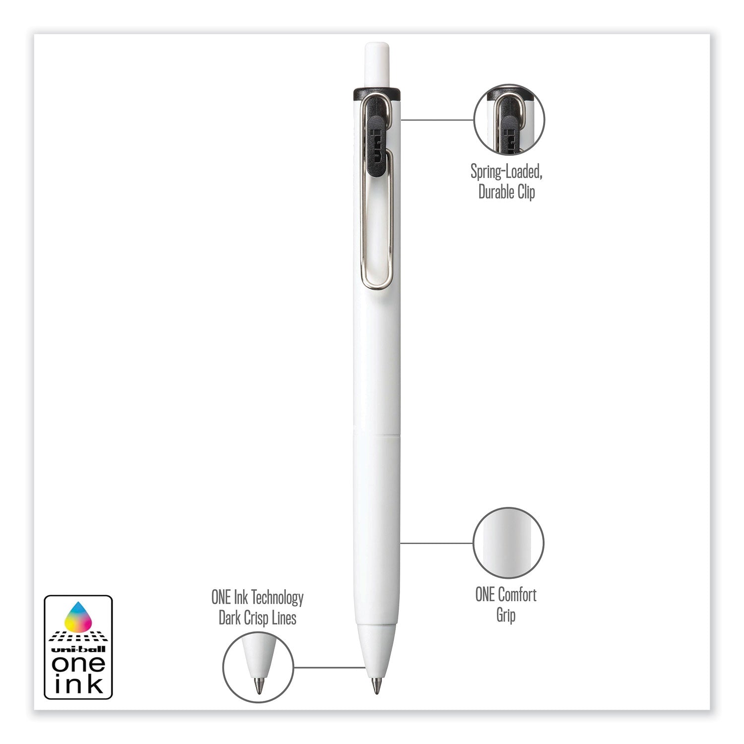 uniball® uniONE Gel Pen, Retractable, Medium 0.7 mm, Black Ink, White/Black Barrel, Dozen