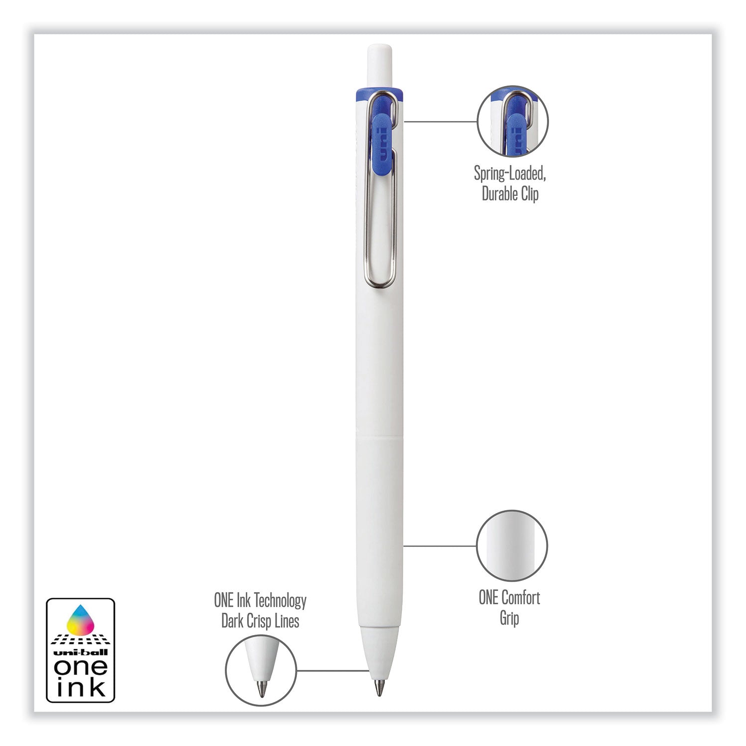 uniball® uniONE Gel Pen, Retractable, Medium 0.7 mm, Blue Ink, White/Blue Barrel, Dozen