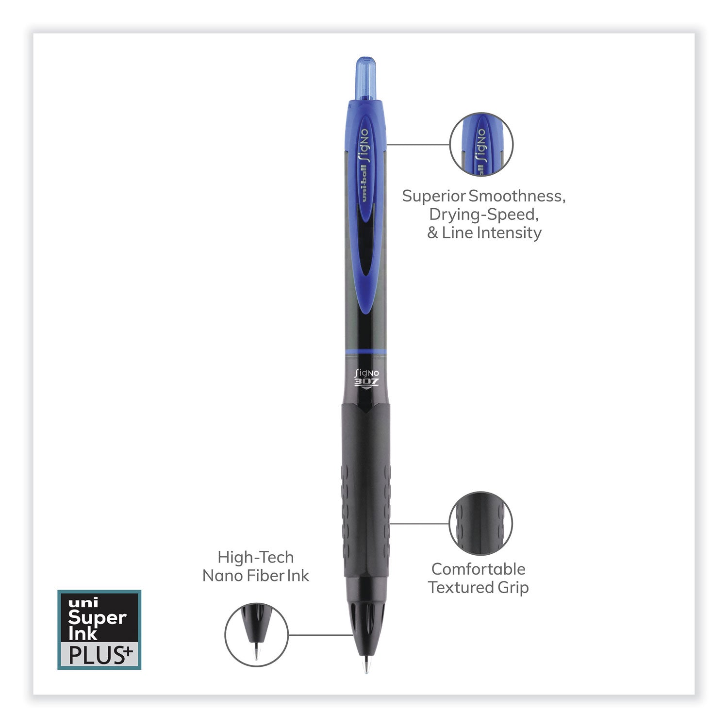 uniball® 307 Gel Pen, Retractable, Medium 0.7 Mm, Blue Ink, Blue Barrel, 3/pack