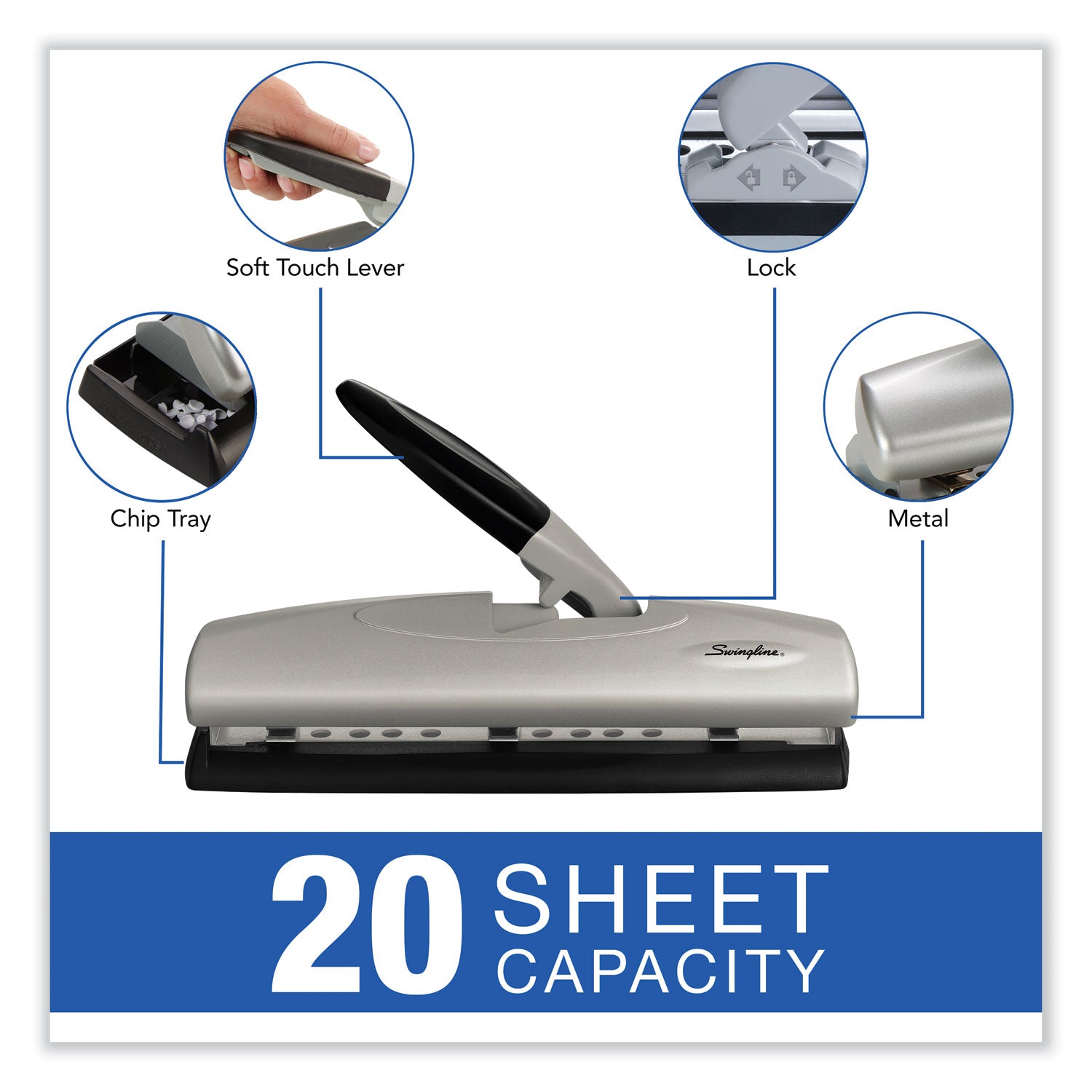 Swingline® 20-Sheet Lighttouch Desktop Two- To Seven-Hole Punch, 9/32" Holes, Silver/black