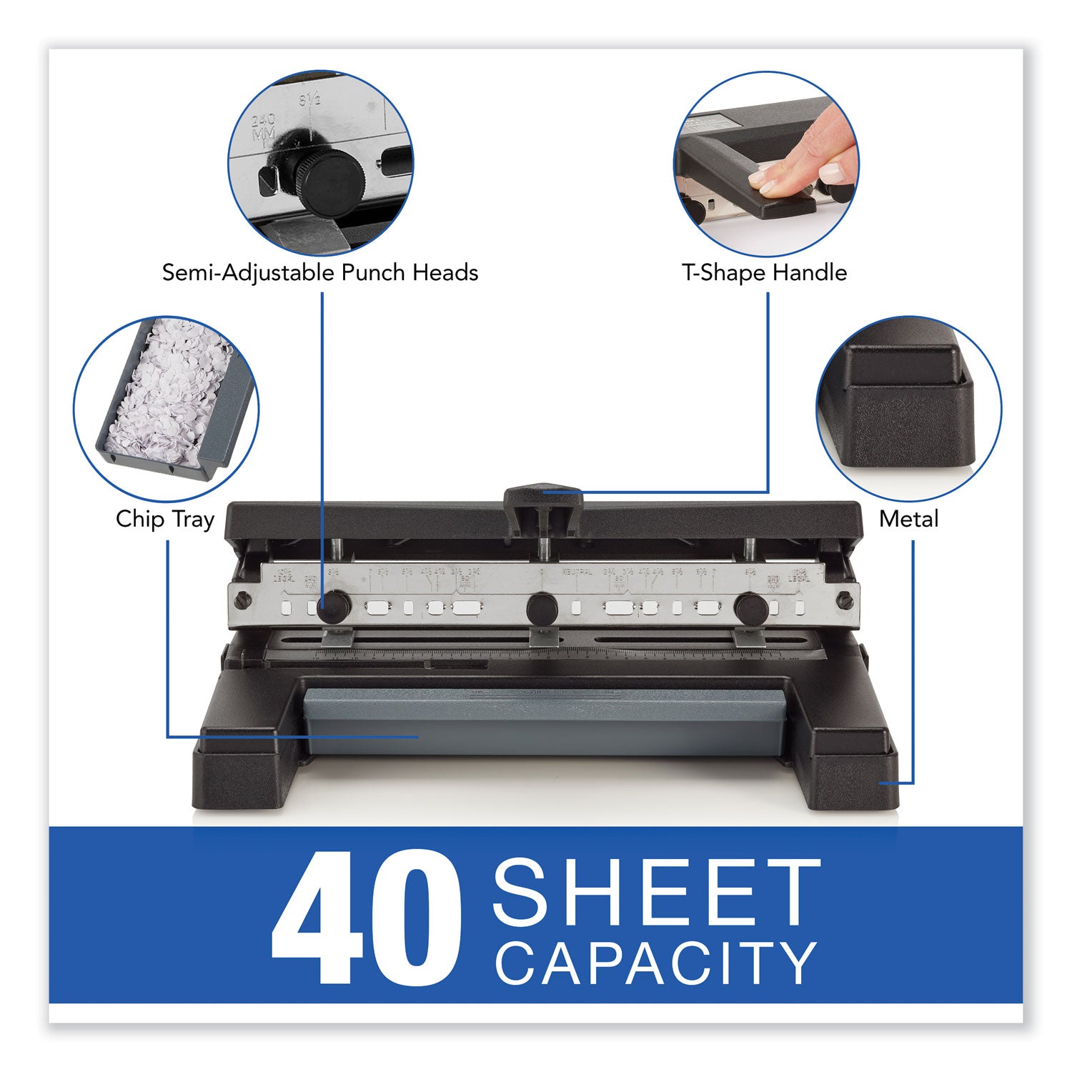 Swingline® 40-Sheet Heavy-Duty Two- To Four-Hole Adjustable Heavy-Duty Paper Punch, 9/32" Holes, Black