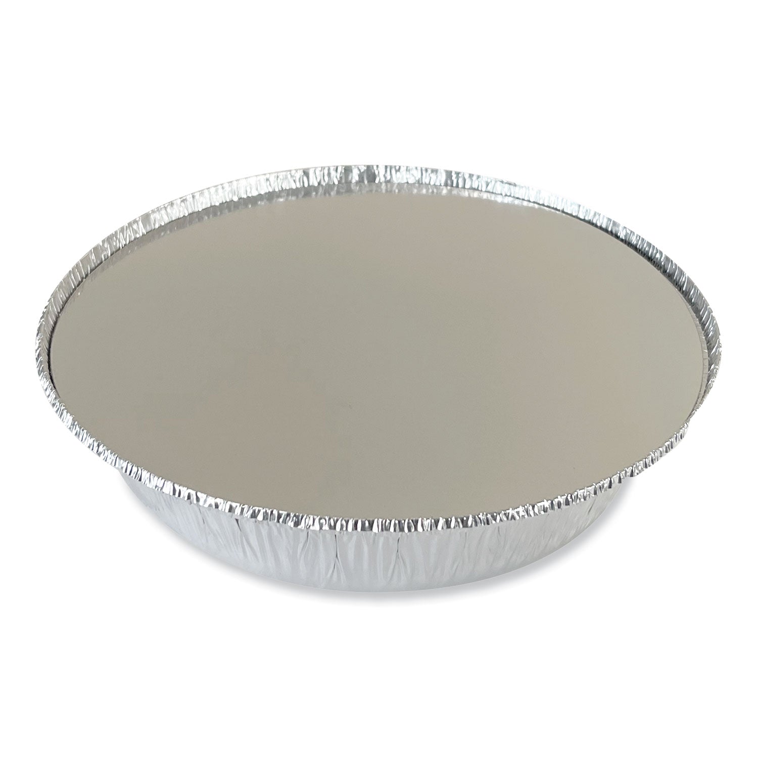 Boardwalk® Round Aluminum To-Go Containers with Lid, 48 oz, 9" Diameter x 1.66" h, Silver, 200/Carton