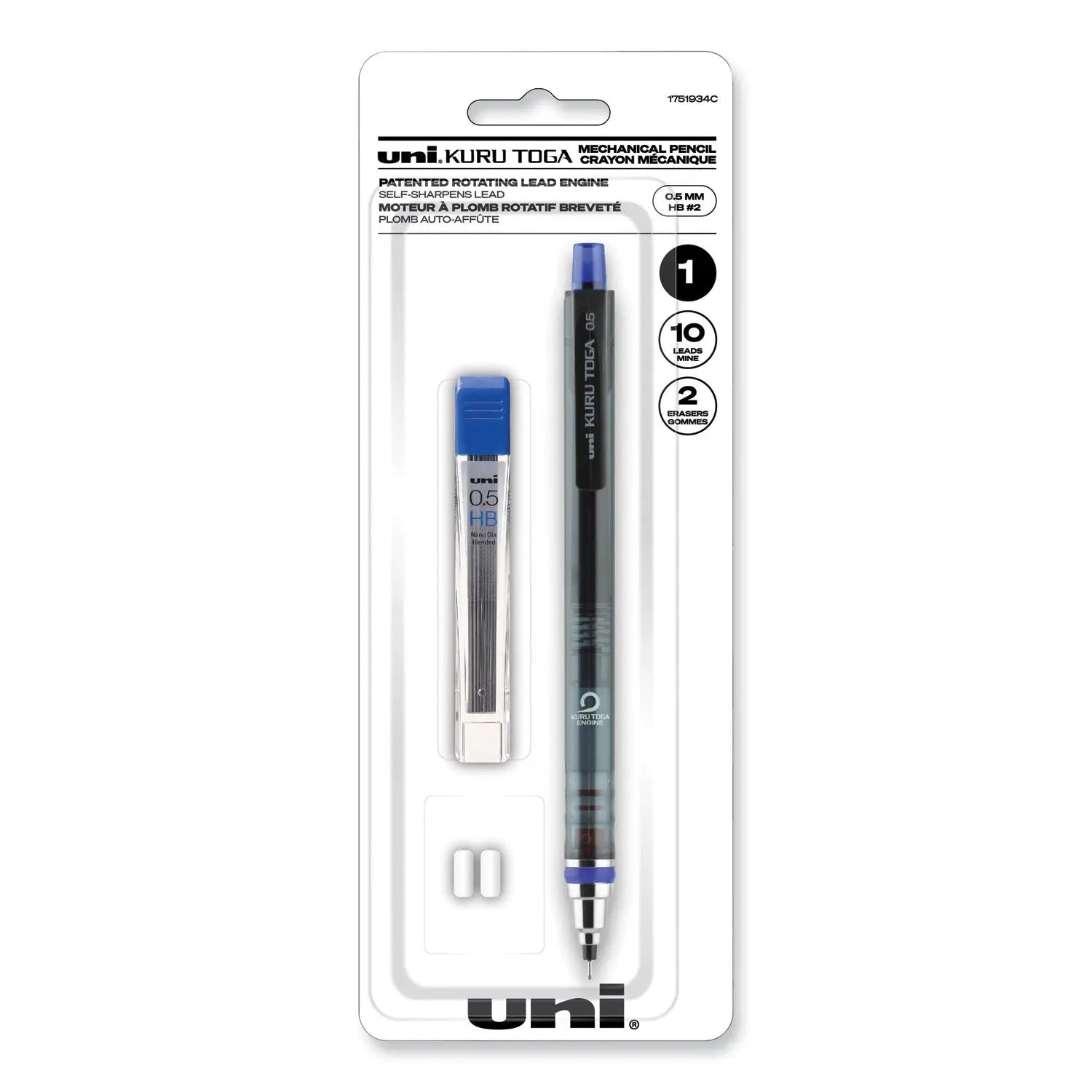 KuruToga Mechanical Pencil with Tube of Lead/Erasers, 0.5 mm, HB (#2), Black Lead, Black Barrel