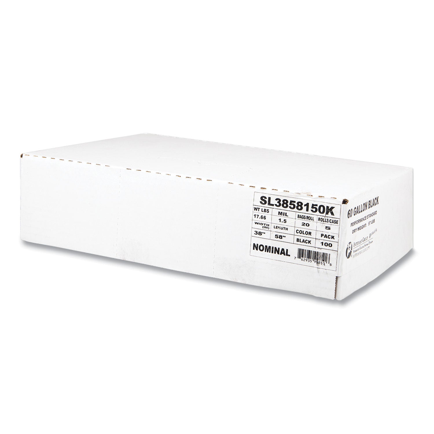 Low-Density Commercial Can Liners, 60 gal, 1.5 mil, 38" x 58", Black, Interleaved Roll, 20 Bags/Roll, 5 Rolls/Carton