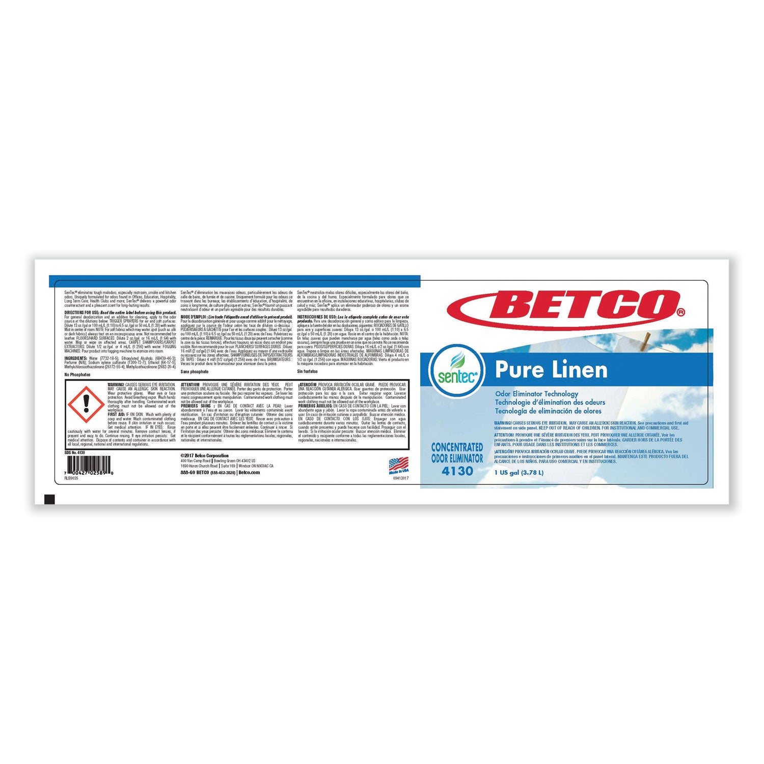 Betco® Sentec Pure Linen Concentrate Odor Eliminator, Pure Linen Scent, 2 L Bottle, 2/carton