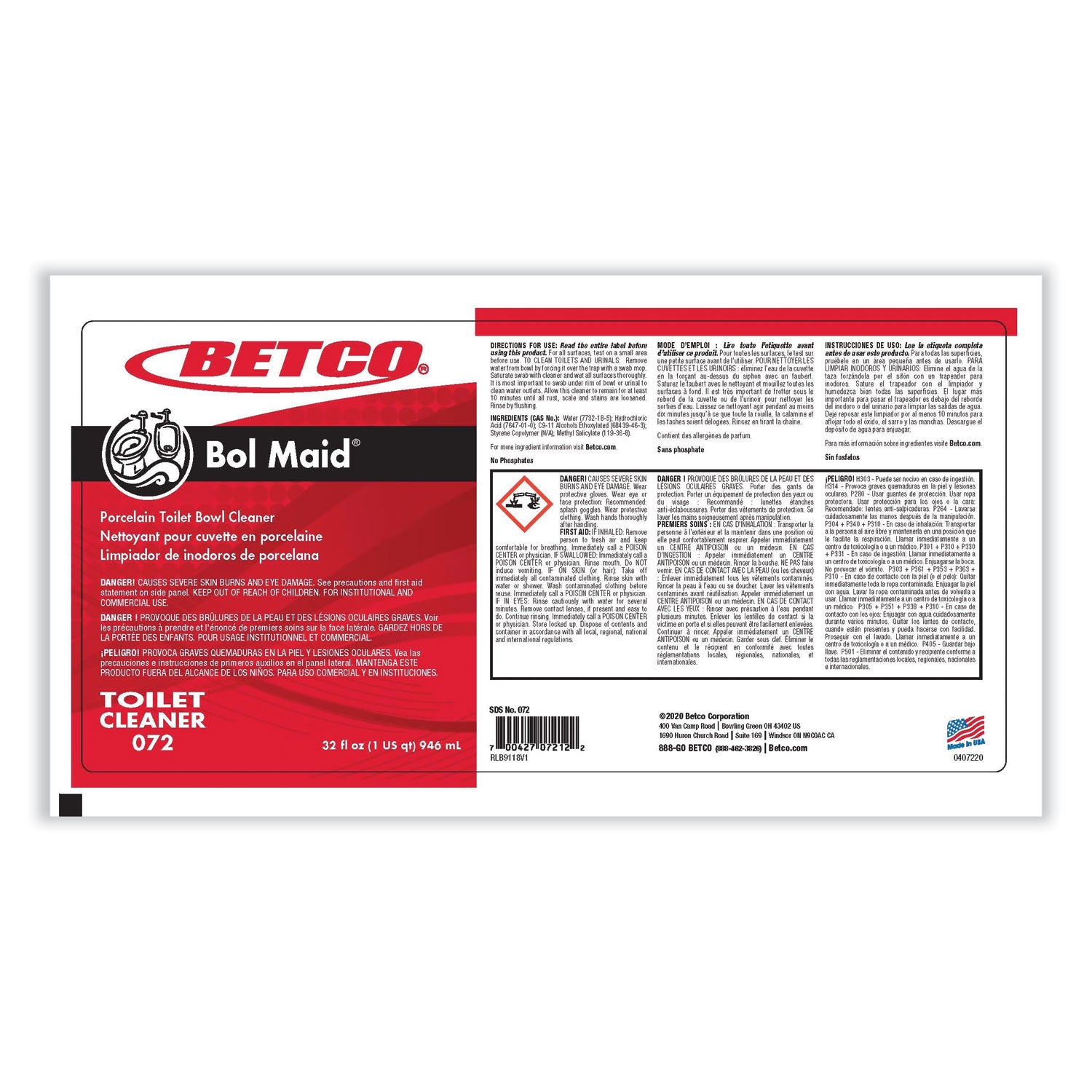 Betco® Bol Maid, Mint Scent, 32 oz Bottle, 12/Carton