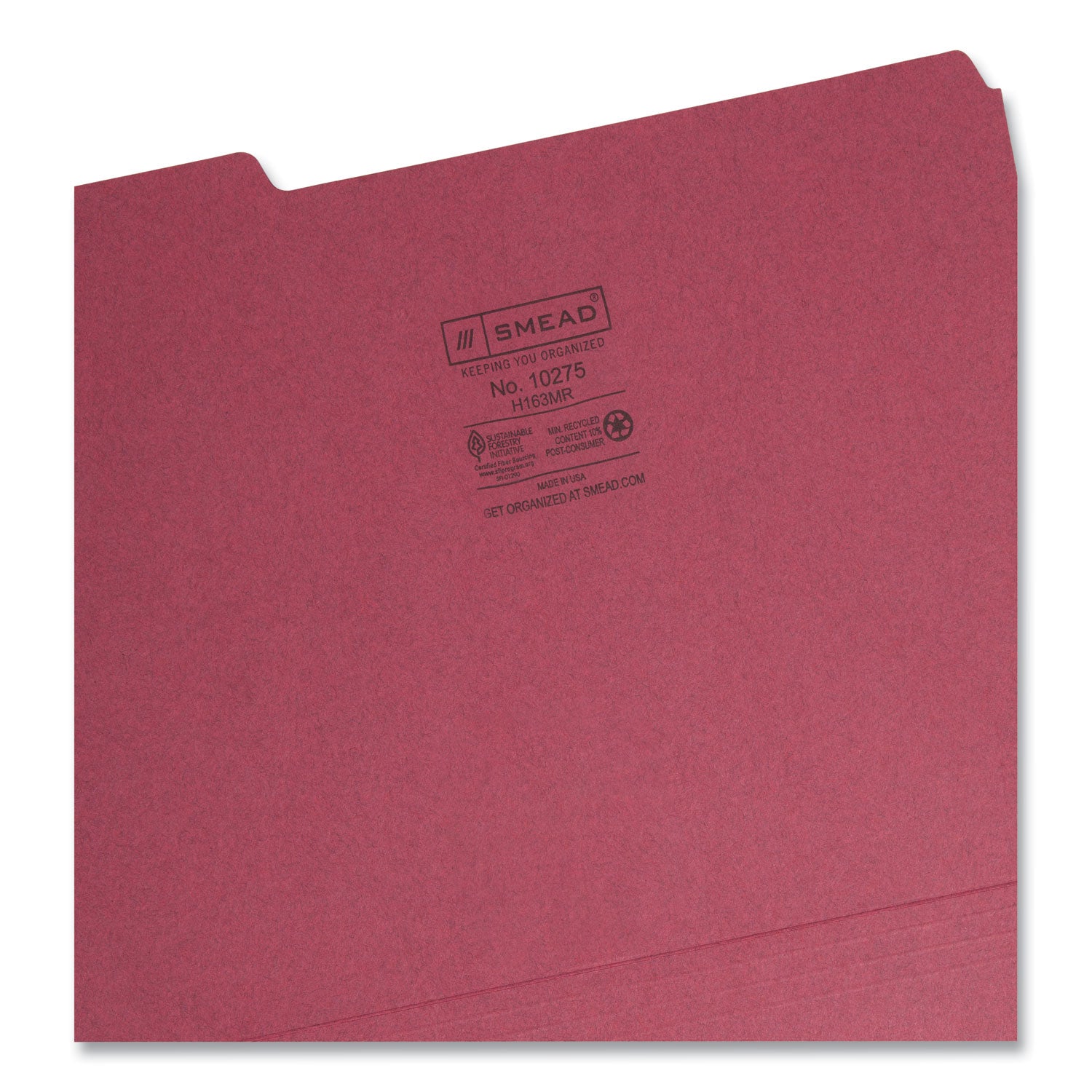 Smead Interior File Folders, 1/3-Cut Tabs: Assorted, Letter Size, 0.75" Expansion, Maroon, 100/Box