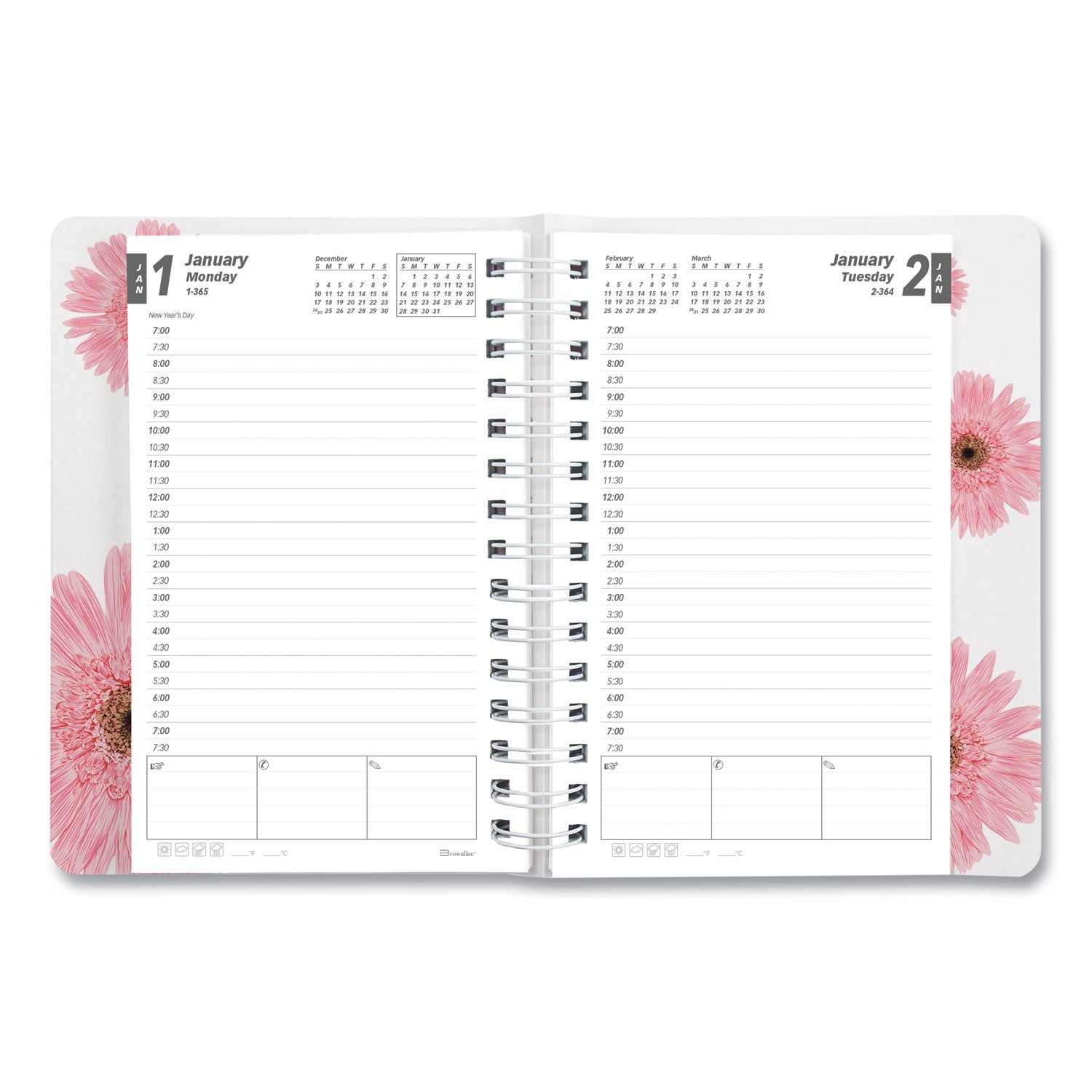 Brownline® Pink Ribbon Essential Daily Appt Book, Breast Cancer, Daisy Artwork, 8 x 5, Navy/Gray/Pink Cover, 12-Month (Jan to Dec): 2025