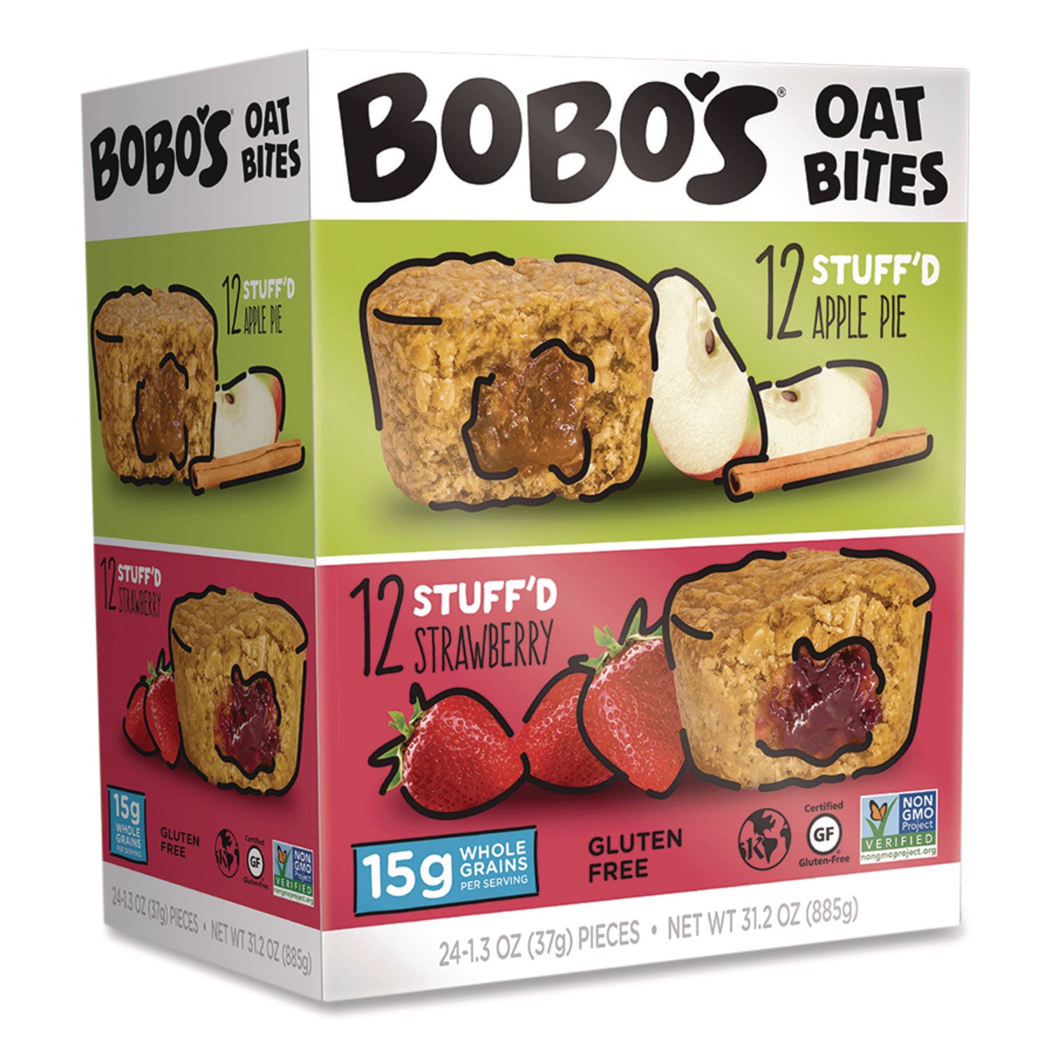 Bobo's Stuff'D Apple Pie/Strawberry Oat Bites, 1.3 oz Individually Wrapped, 24/Carton