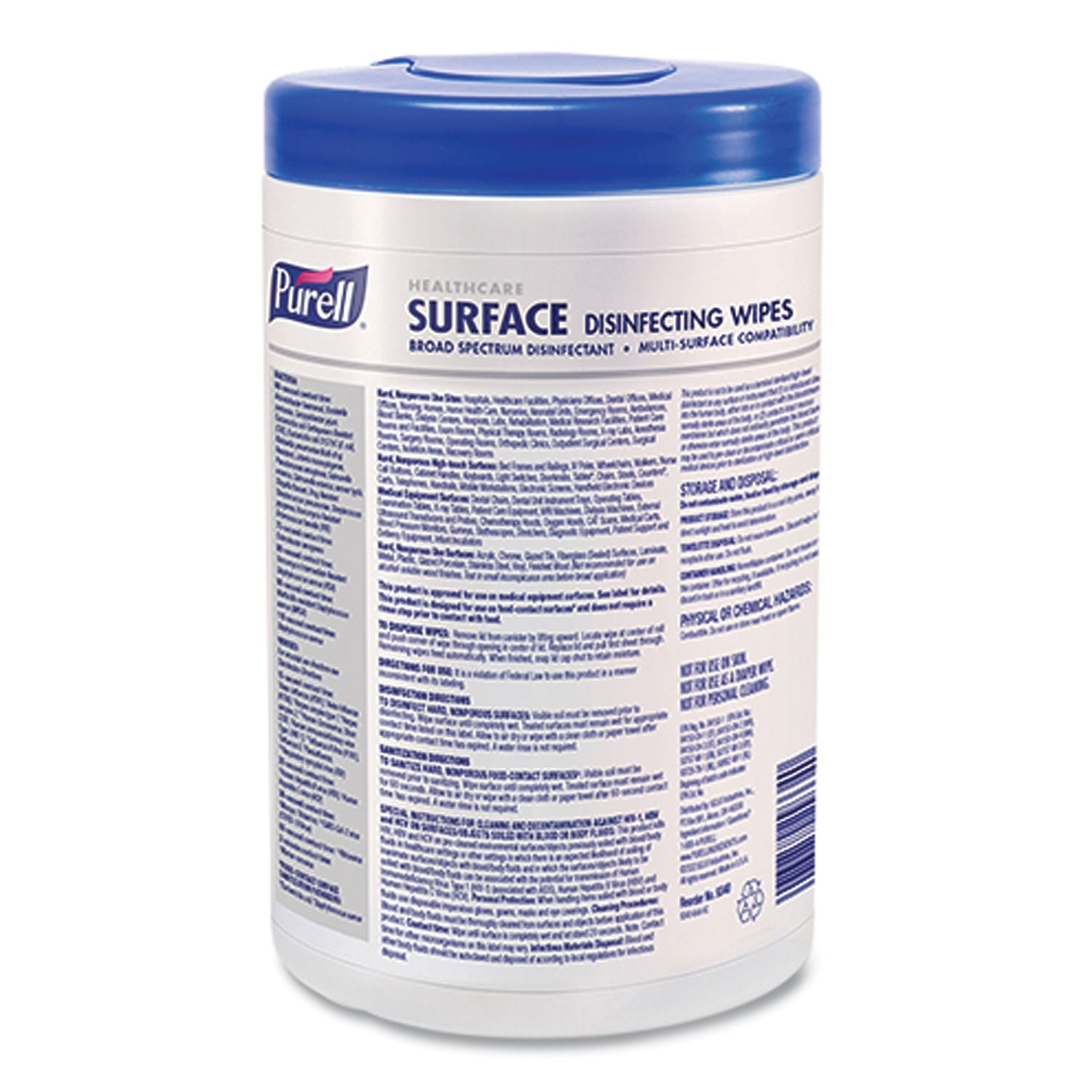 PURELL® Healthcare Surface Disinfecting Wipes, 1-Ply, 7" x 10", Unscented, White, 110 Wipes/Canister, 6 Canisters/Carton