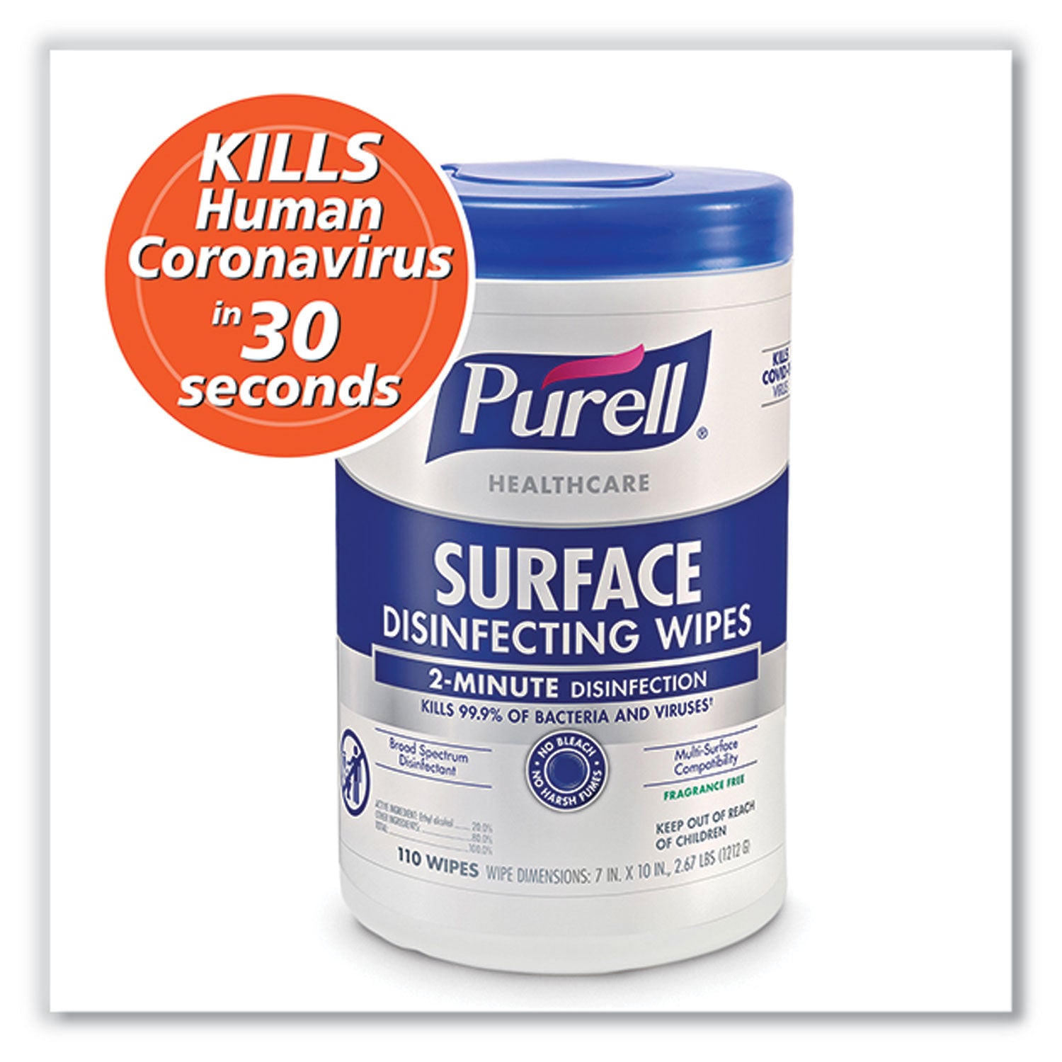 PURELL® Healthcare Surface Disinfecting Wipes, 1-Ply, 7" x 10", Unscented, White, 110 Wipes/Canister, 6 Canisters/Carton