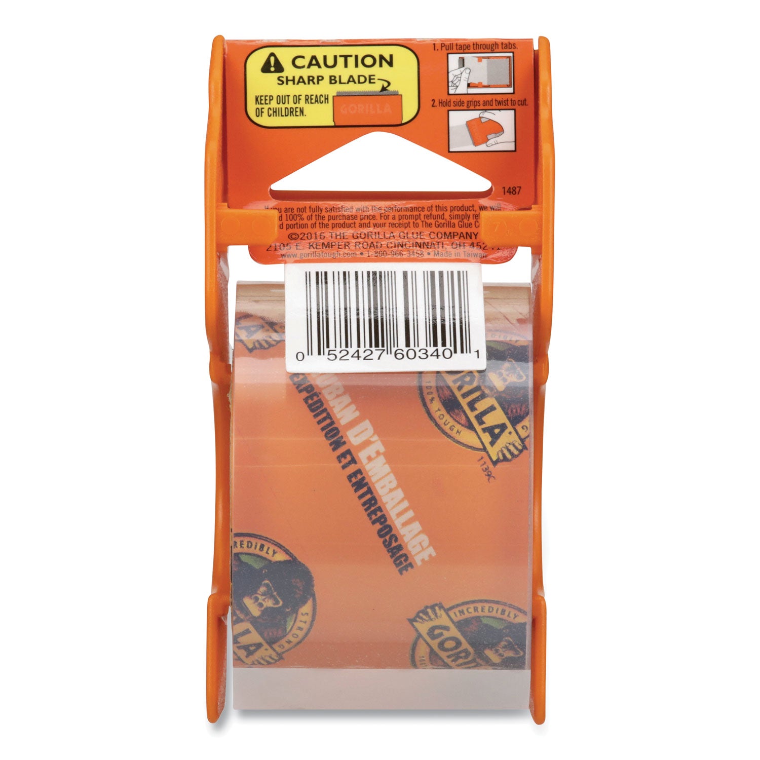 Gorilla® Heavy Duty Packaging Tape with Dispenser, 1.88" x 25 yds, Clear, 4/Pack