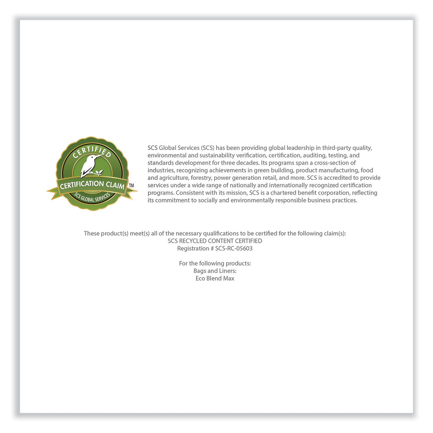 Heritage Eco Blend Max Can Liners, 60 gal, 0.8 Mil, 38" x 58", Green, 20 Bags/Roll, 5 Rolls/Carton