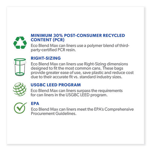 Heritage Eco Blend Max Can Liners, 60 gal, 0.8 mil, 38" x 58", Blue, 20 Bags/Roll, 5 Rolls/Carton