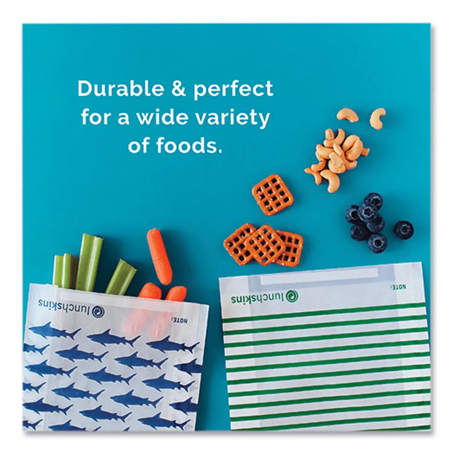 Peel and Seal Sandwich Bag with Closure Strip, 6.3" x 2" x 7.9", Blue Sharks/White, 50/Box lunchskins Flipcost