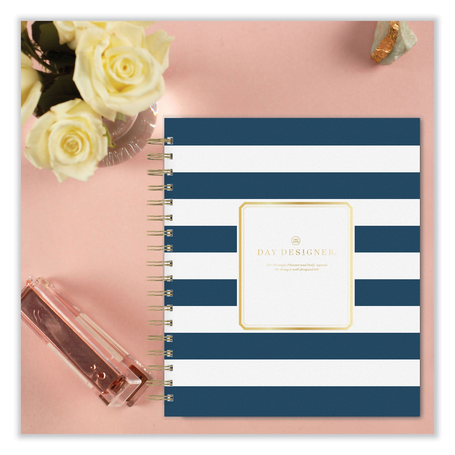 Blue Sky® Day Designer Navy Stripe Daily/Monthly Planner, Horizontal Stripe Artwork, 10 x 8, Navy/White Cover, 12-Month (Jan-Dec): 2025