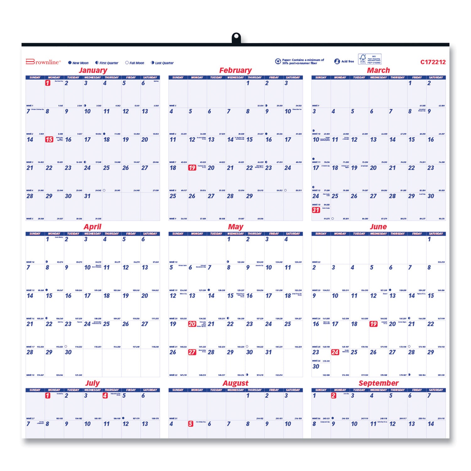 Brownline® Yearly Wall Calendar, 24 x 36, White/Blue Sheets, 12-Month (Jan to Dec): 2025