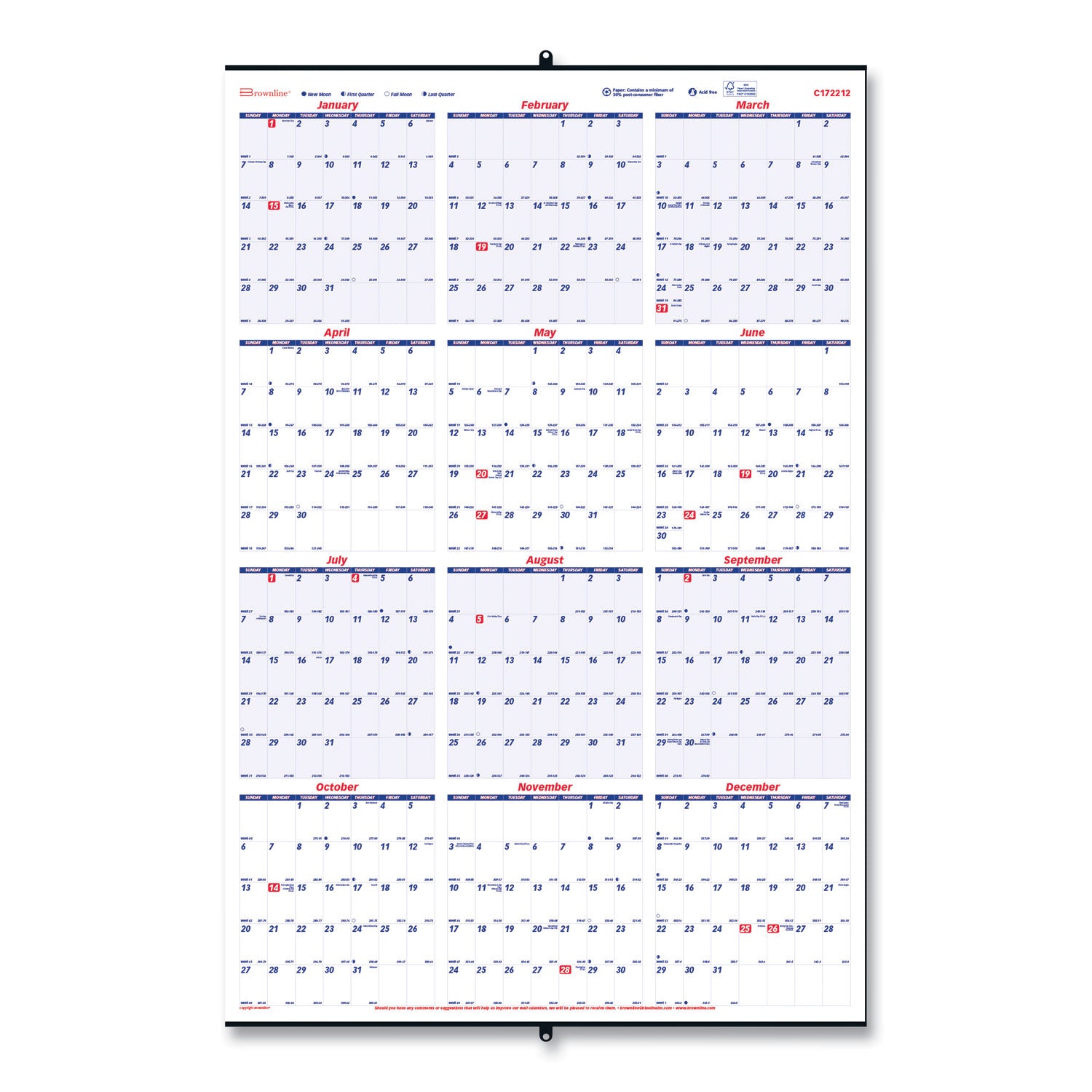 Yearly Wall Calendar, 24 x 36, White/Blue Sheets, 12-Month (Jan to Dec): 2025