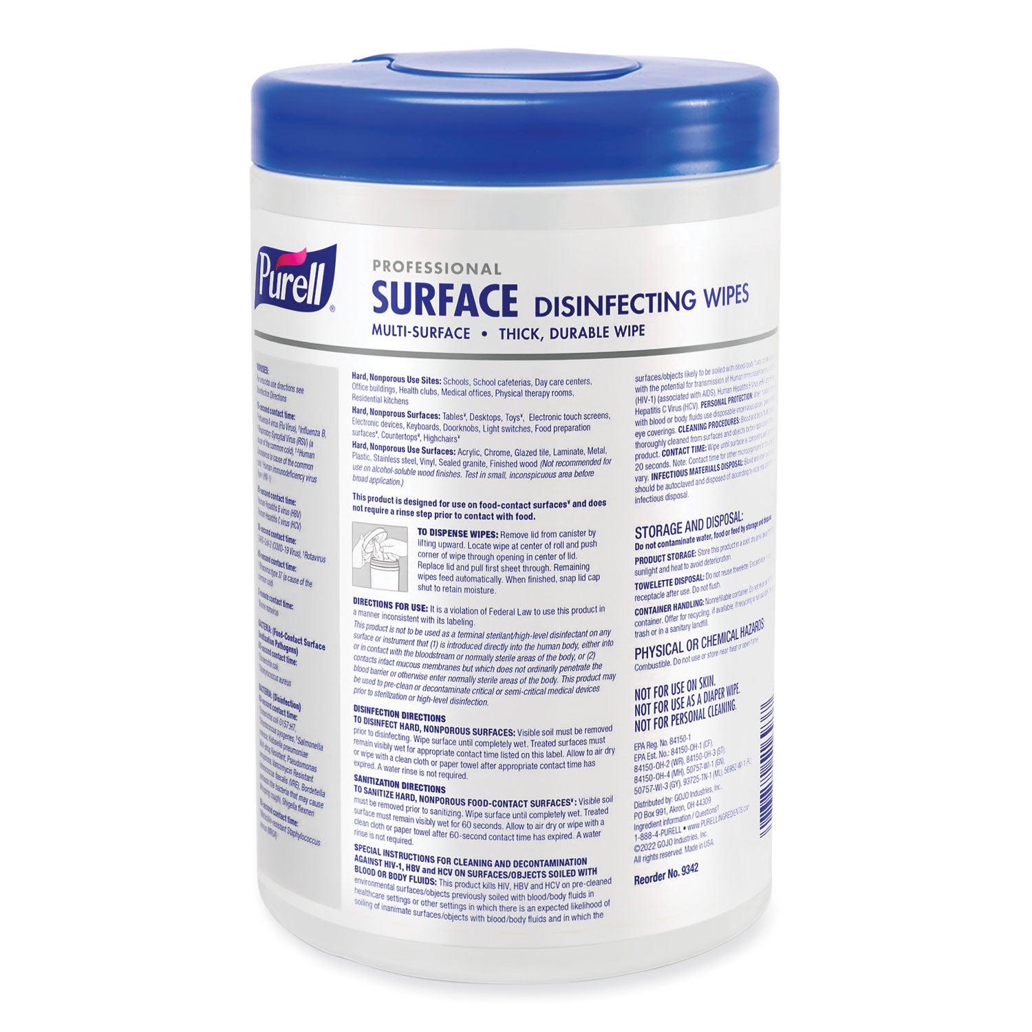 PURELL® Professional Surface Disinfecting Wipes, 1-Ply, 7 x 8, Fresh Citrus, White, 110/Canister, 6 Canisters/Carton