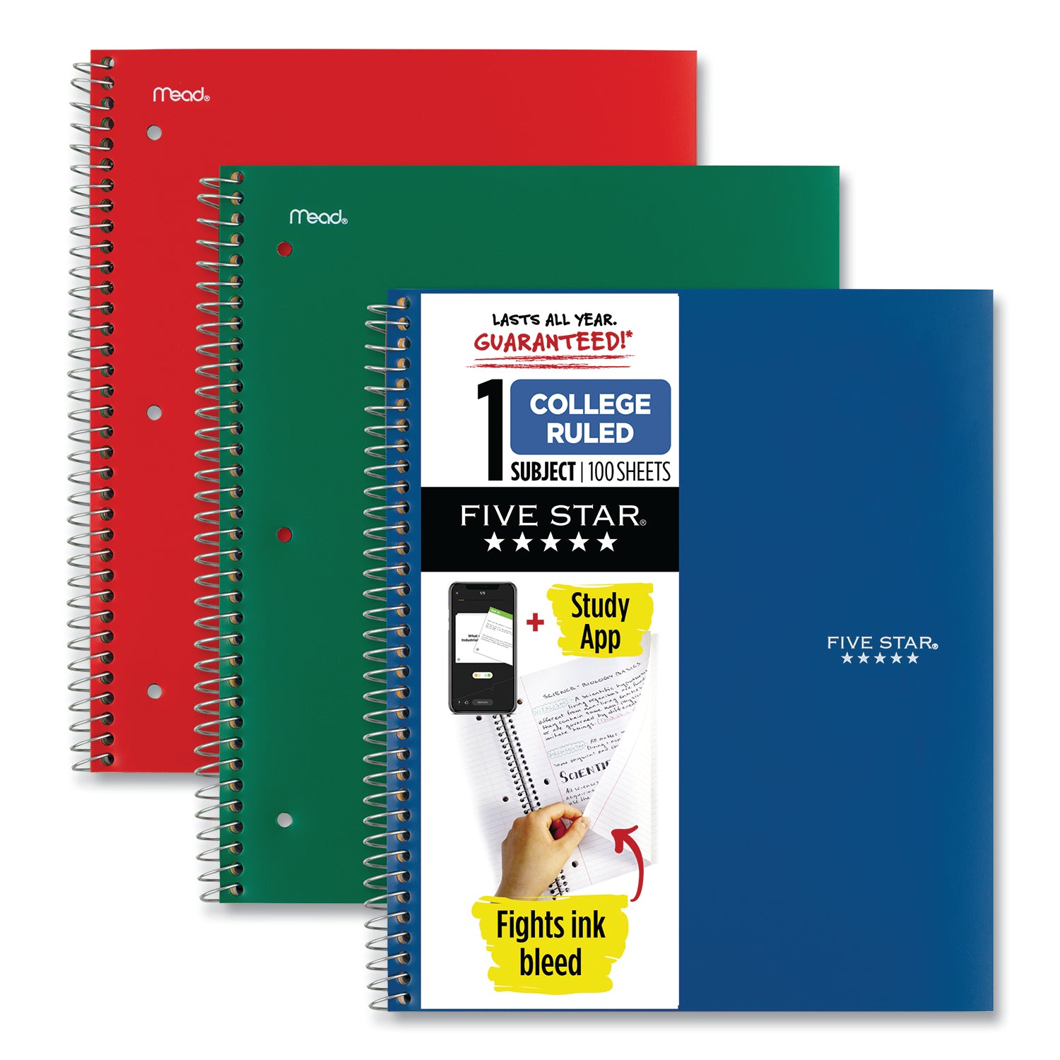 Five Star® Wirebound Notebook with Two Pockets, 1-Subject, Med/College Rule, Asst Cover Color (Red/GN/BL), (100) 11 x 8.5 Sheets, 3/Pack