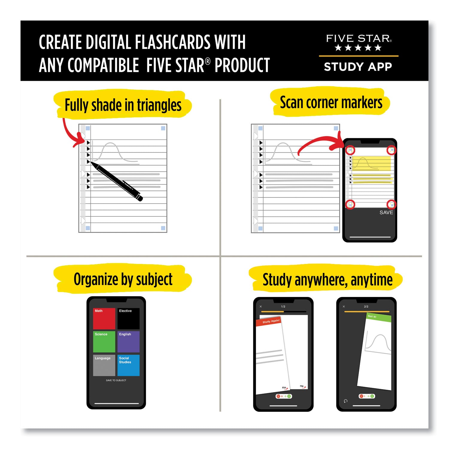 Five Star® Reinforced Filler Paper Plus Study App, 3-Hole, 8.5 x 11, College Rule, 80/Pack