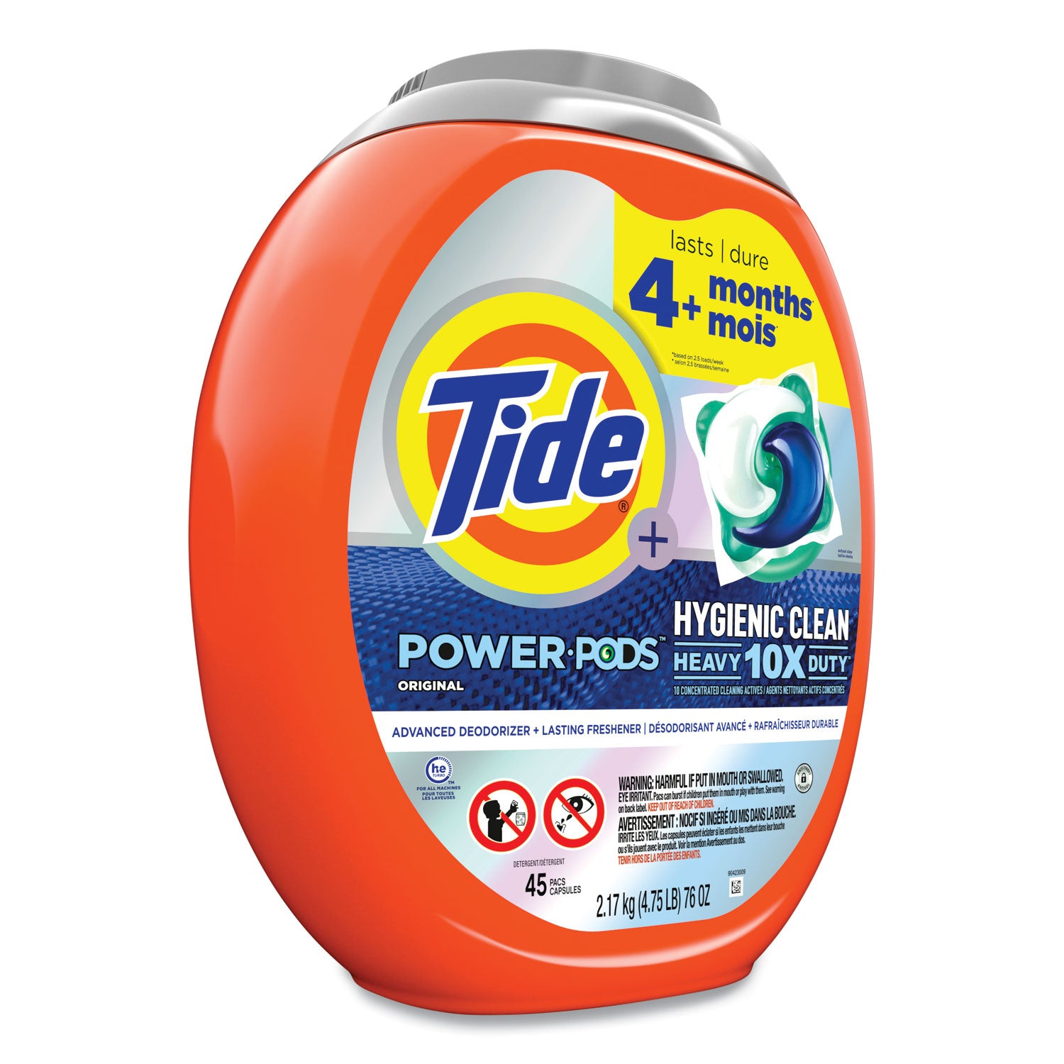 Tide® Hygienic Clean Heavy 10x Duty Power Pods, Original Scent, 76 oz Tub, 45 Pods, 4/Carton