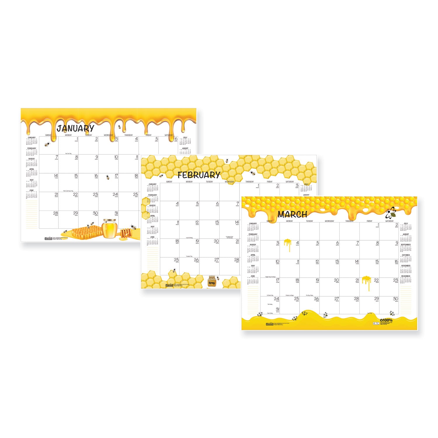 Recycled Honeycomb Desk Pad Calendar, Honeycomb Artwork, 22 x 17, White/Multicolor Sheets, 12-Month (Jan to Dec): 2025