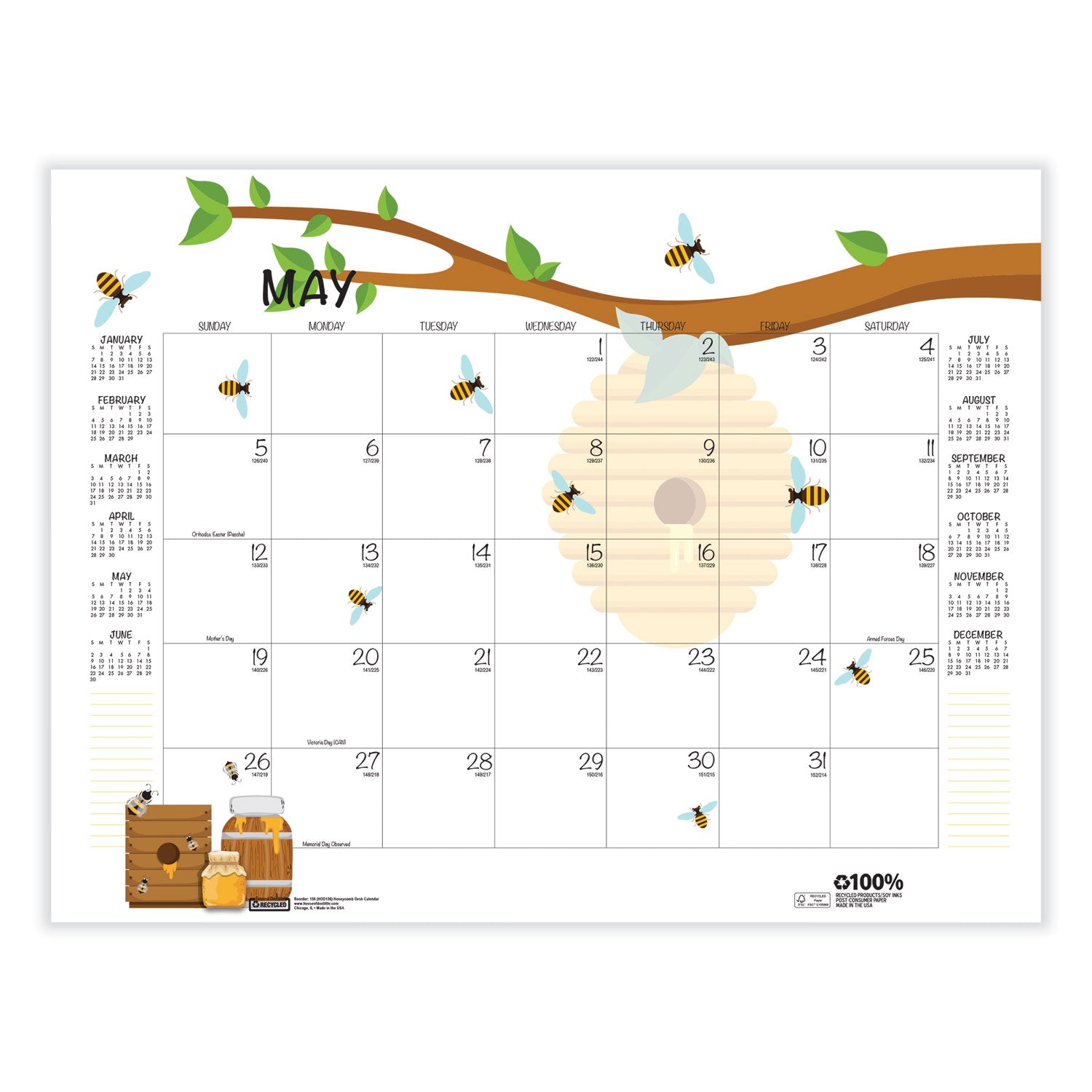 House of Doolittle™ Recycled Honeycomb Desk Pad Calendar, Honeycomb Artwork, 22 x 17, White/Multicolor Sheets, 12-Month (Jan to Dec): 2025