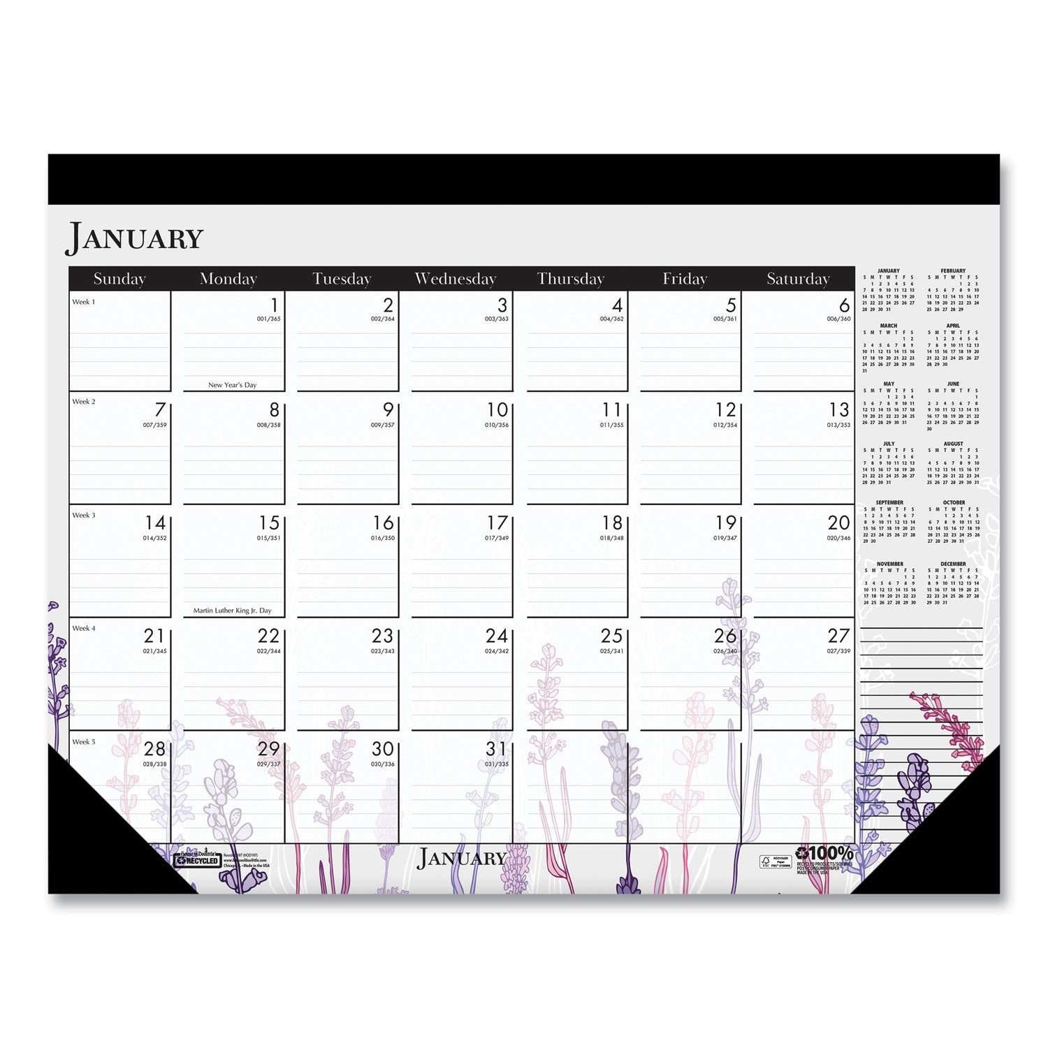 House of Doolittle™ Recycled Desk Pad Calendar, Wild Flowers Artwork, 22 x 17, White Sheets, Black Binding/Corners,12-Month (Jan-Dec): 2025