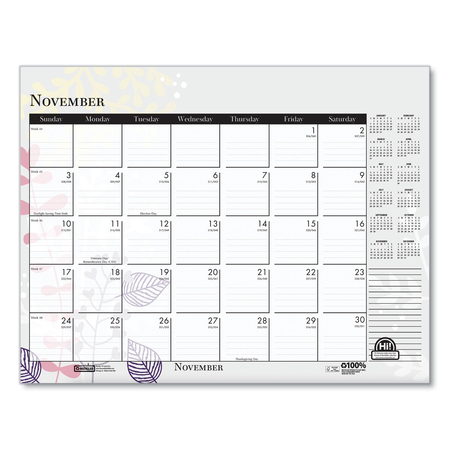 House of Doolittle™ Recycled Desk Pad Calendar, Wild Flowers Artwork, 22 x 17, White Sheets, Black Binding/Corners,12-Month (Jan-Dec): 2025