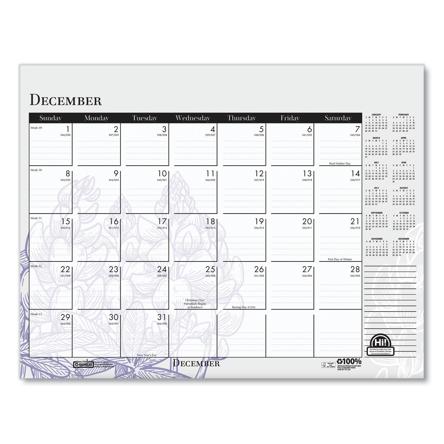 House of Doolittle™ Recycled Desk Pad Calendar, Wild Flowers Artwork, 22 x 17, White Sheets, Black Binding/Corners,12-Month (Jan-Dec): 2025