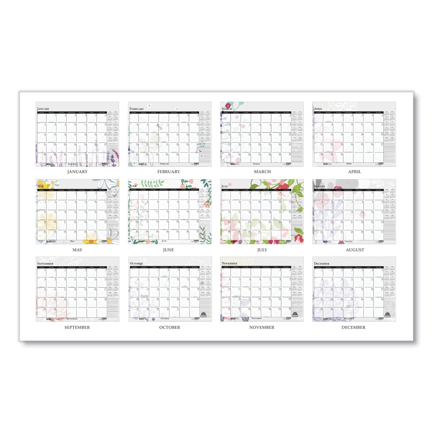House of Doolittle™ Recycled Desk Pad Calendar, Wild Flowers Artwork, 22 x 17, White Sheets, Black Binding/Corners,12-Month (Jan-Dec): 2025