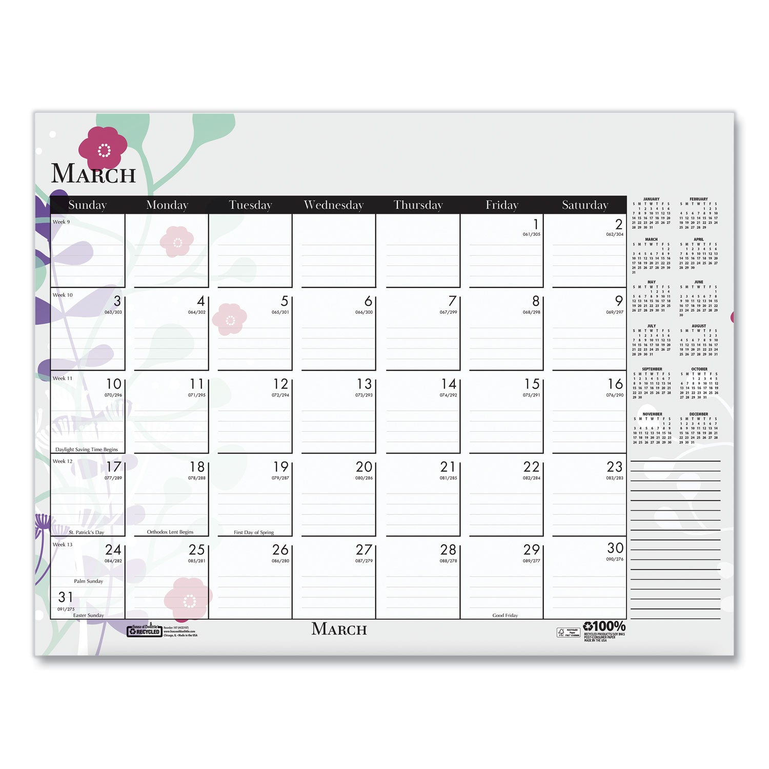 House of Doolittle™ Recycled Desk Pad Calendar, Wild Flowers Artwork, 22 x 17, White Sheets, Black Binding/Corners,12-Month (Jan-Dec): 2025