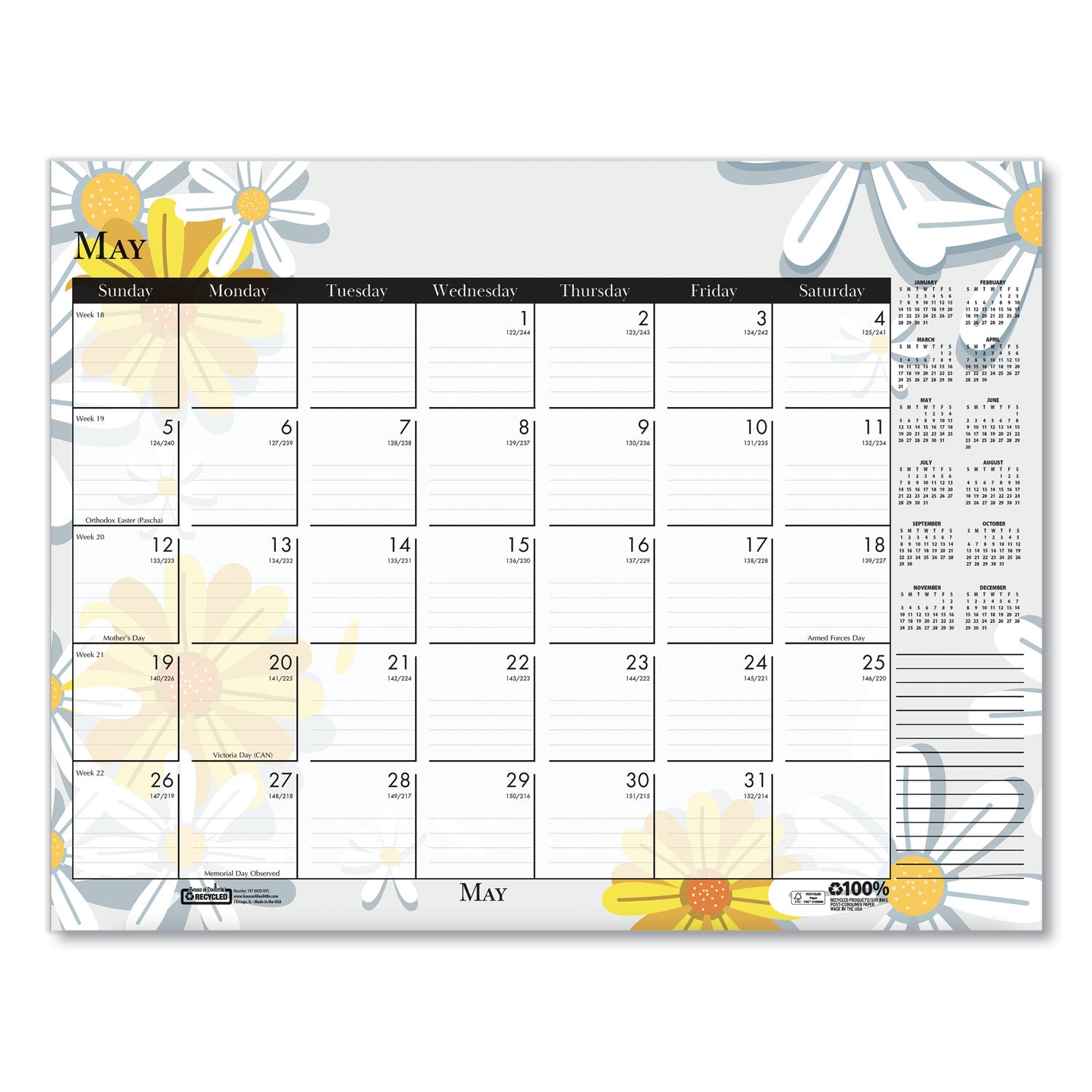 House of Doolittle™ Recycled Desk Pad Calendar, Wild Flowers Artwork, 22 x 17, White Sheets, Black Binding/Corners,12-Month (Jan-Dec): 2025