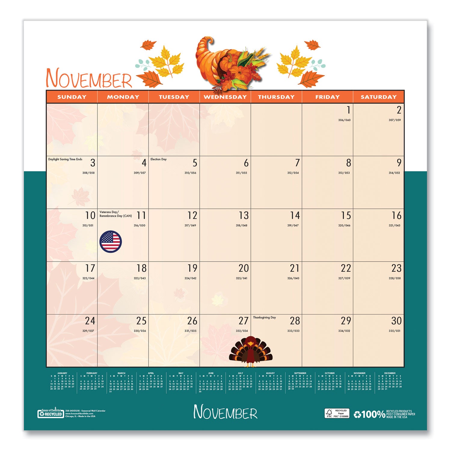 House of Doolittle™ Recycled Seasonal Wall Calendar, Illustrated Seasons Artwork, 12 x 12, 12-Month (Jan to Dec): 2025