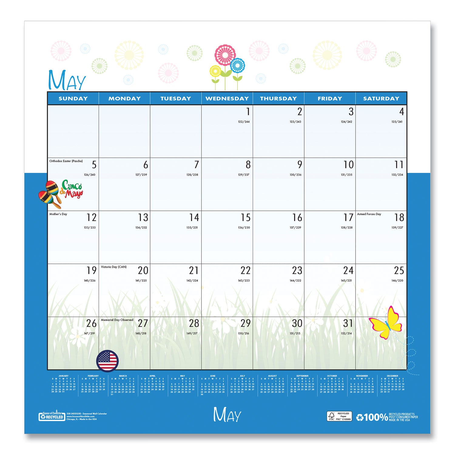 House of Doolittle™ Recycled Seasonal Wall Calendar, Illustrated Seasons Artwork, 12 x 12, 12-Month (Jan to Dec): 2025