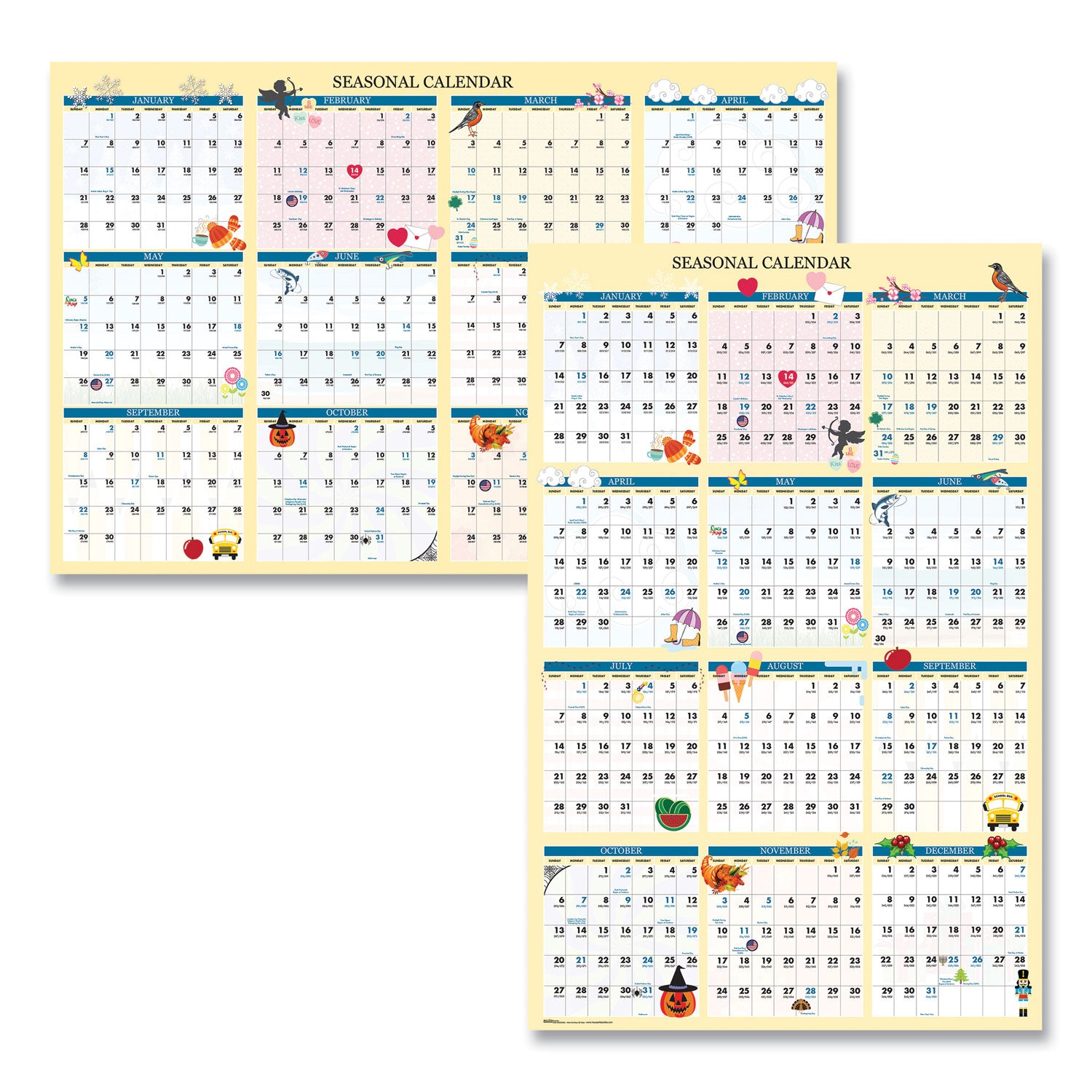 Recycled Seasonal Laminated Wall Calendar, Illustrated Seasons Artwork, 24 x 37, 12-Month (Jan to Dec): 2025