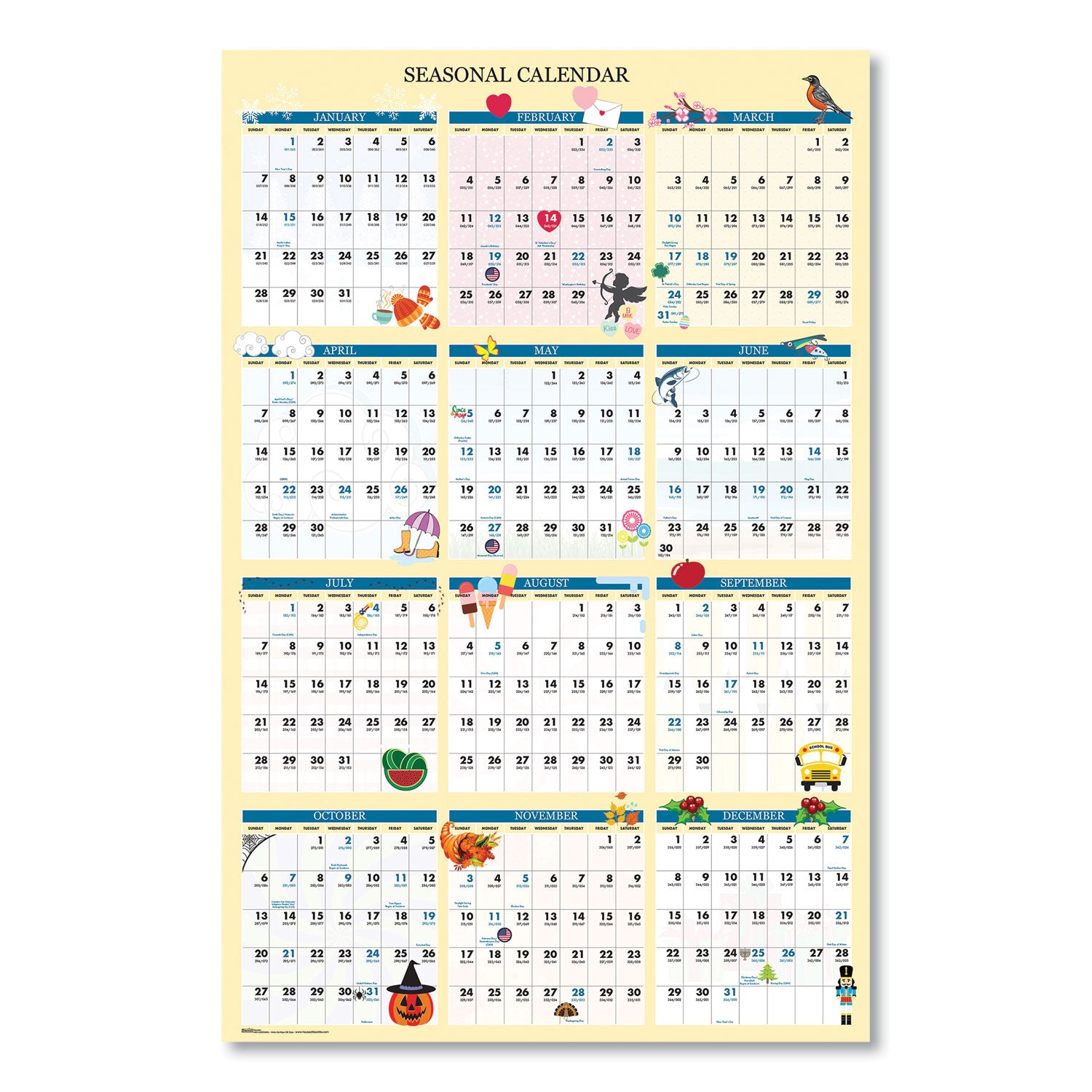 House of Doolittle™ Recycled Seasonal Laminated Wall Calendar, Illustrated Seasons Artwork, 24 x 37, 12-Month (Jan to Dec): 2025