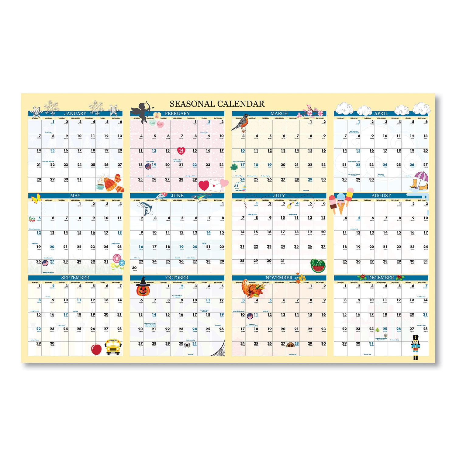 House of Doolittle™ Recycled Seasonal Laminated Wall Calendar, Illustrated Seasons Artwork, 24 x 37, 12-Month (Jan to Dec): 2025