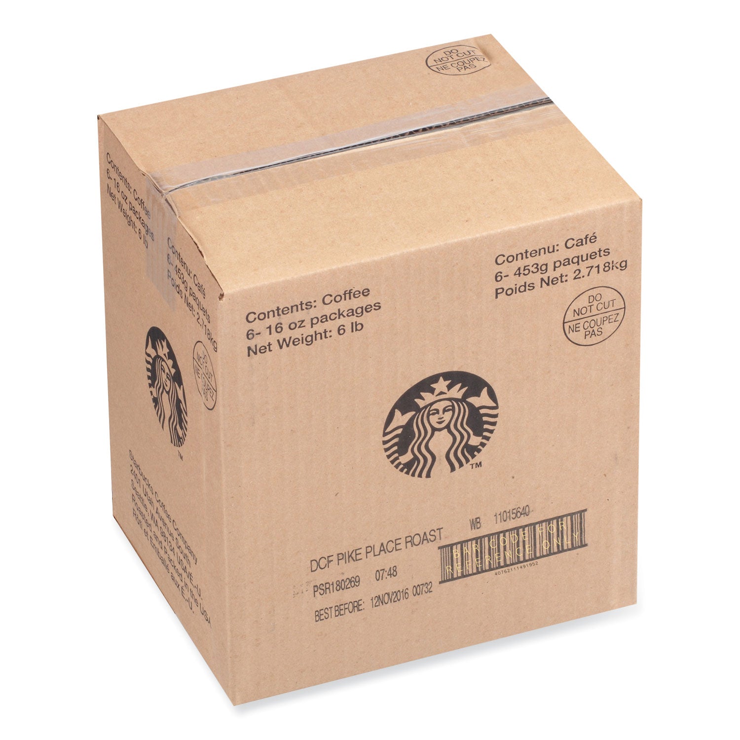Starbucks® Whole Bean Coffee, Decaffeinated, Pike Place, 1 lb, Bag, 6/Carton