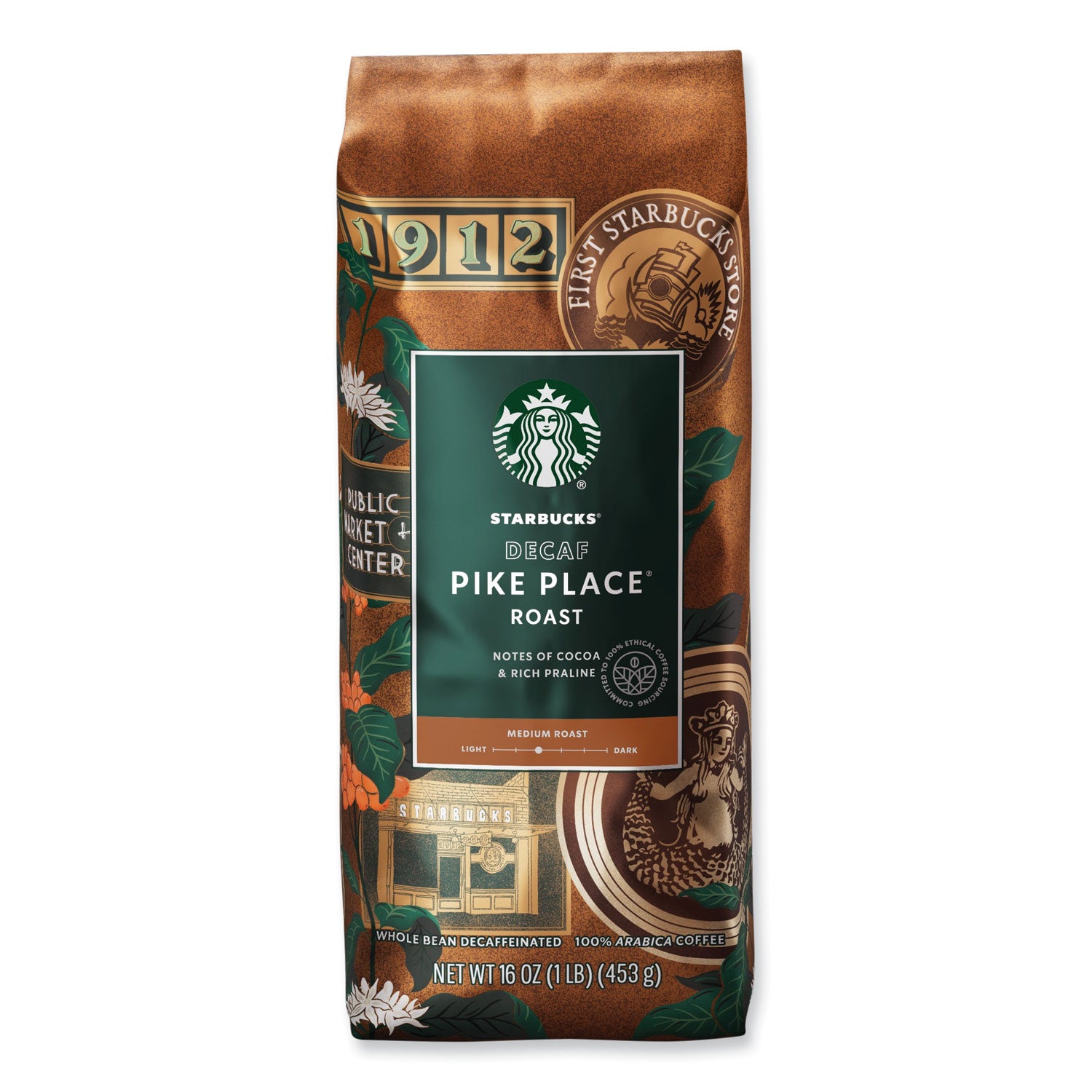 Starbucks® Whole Bean Coffee, Decaffeinated, Pike Place, 1 lb, Bag, 6/Carton
