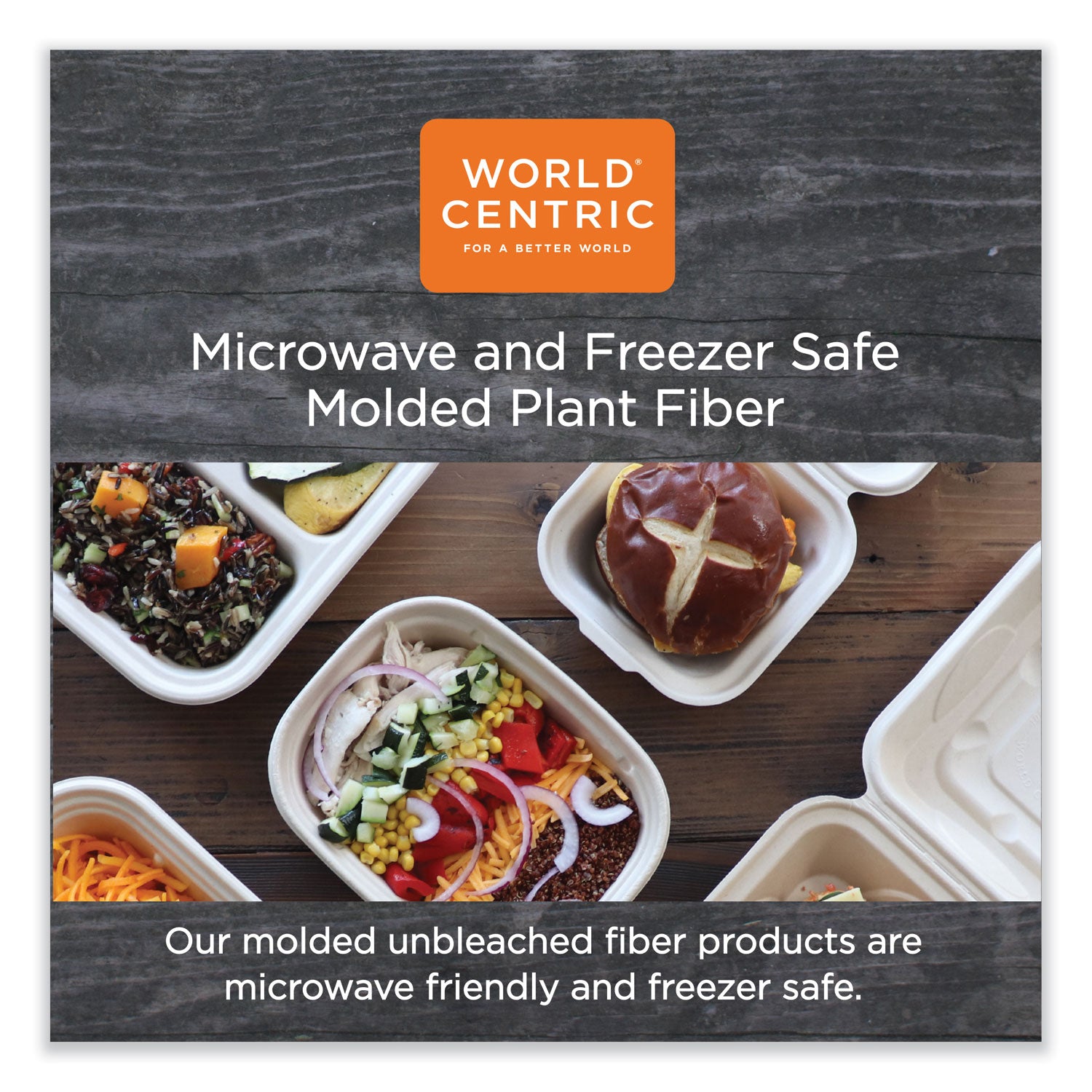 World Centric® Fiber Hinged Containers, 3 Compartments, 8.8 x 8.2 x 2.9, Natural, Paper, 300/Carton